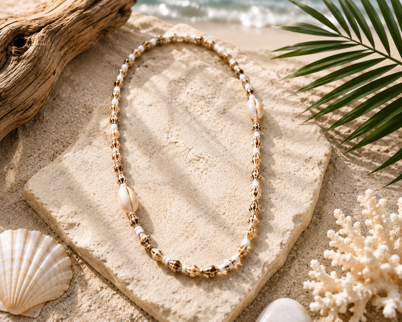 Handmade 24-inch necklace featuring genuine natural white and brown seashells strung in an alternating pattern, creating a lightweight coastal-inspired statement necklace.