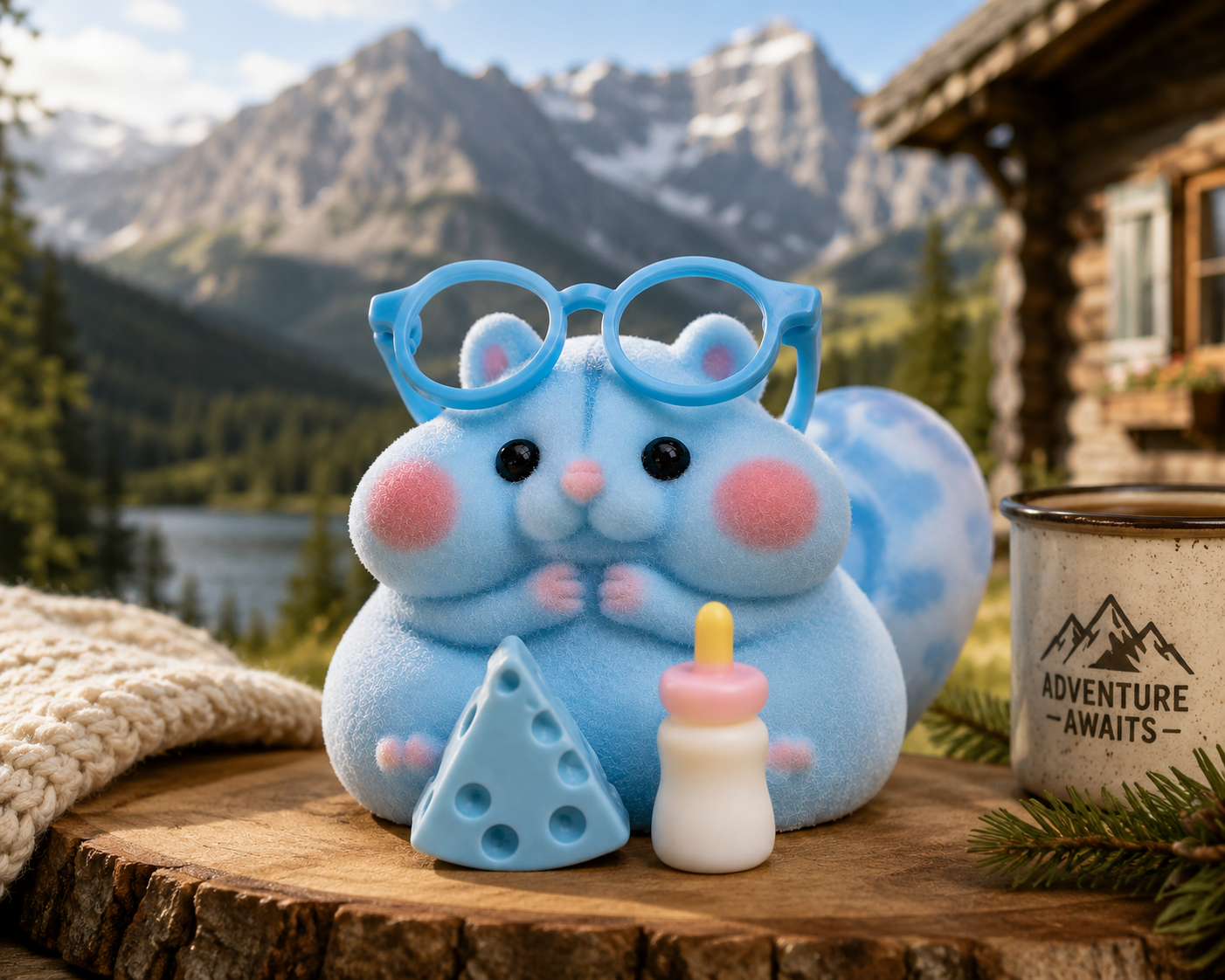 Cute blue Taba squishy hamster wearing oversized blue glasses with rosy cheeks, accompanied by a miniature cheese wedge and baby bottle accessory, designed for stress relief, sensory play, and collecting.
