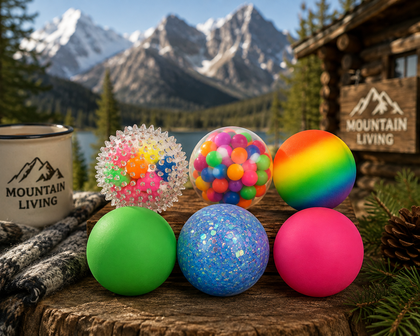 Six-piece sensory stress ball set featuring assorted squishy fidget balls including spiky, bead-filled, rainbow, glitter, foam, and smooth styles for stress relief, sensory play, and focus.