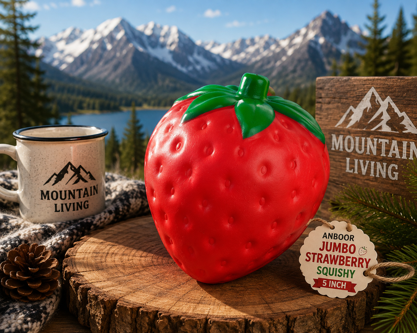 Large red strawberry-shaped Anboor squishy toy made from scented slow-rising PU foam, designed for stress relief, sensory play, fidgeting, and collecting.