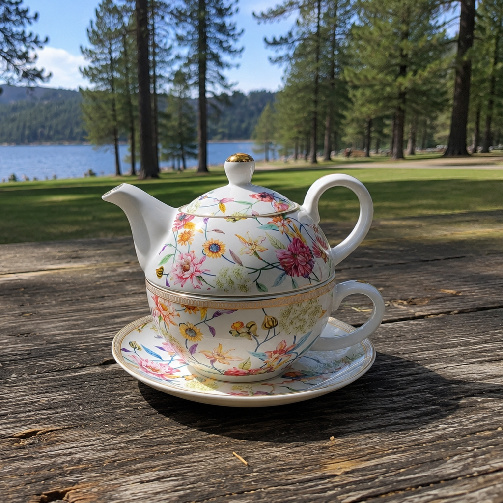 Grace Teaware Fine Porcelain Floral Tea for One Teapot Mug & Plate Set