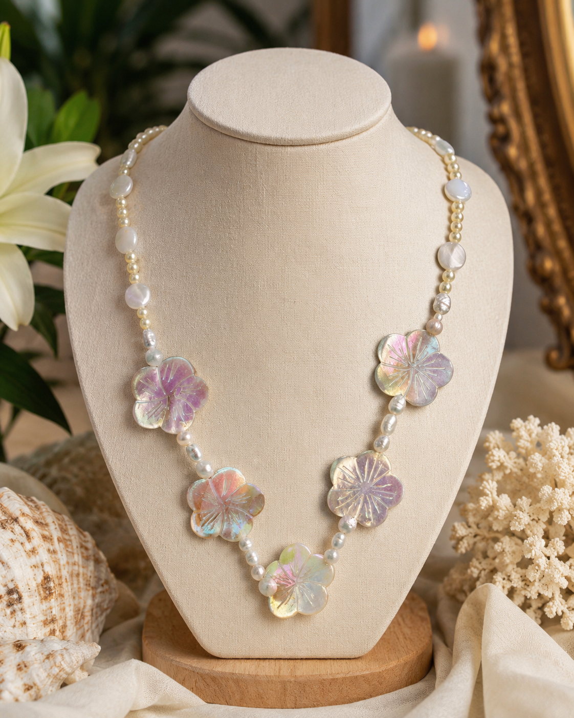 White Abalone Shell and Flower Bead and Pearl Hand carved Necklace