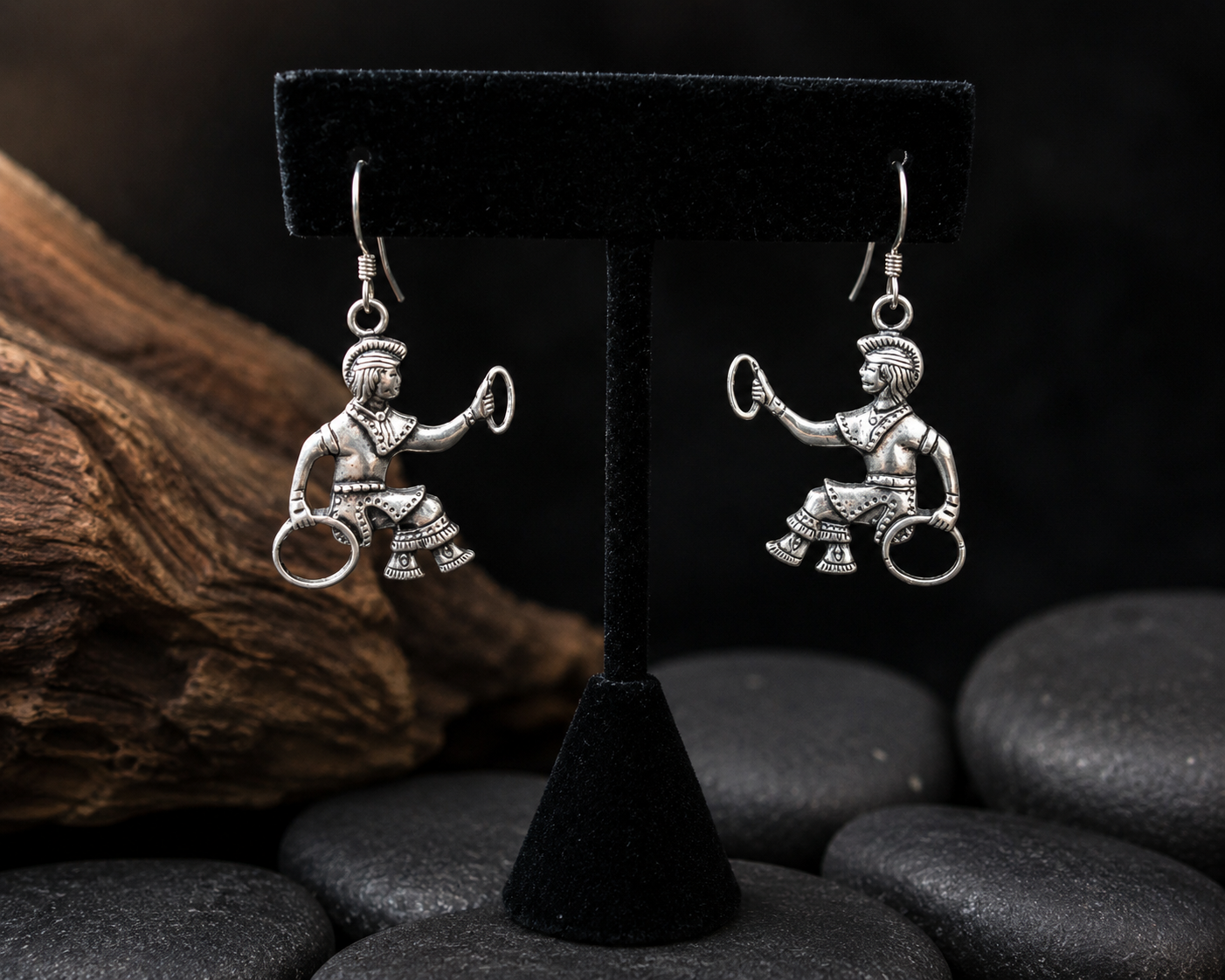 Vintage tested sterling silver Hoop Dancer dangle earrings featuring detailed Southwestern-inspired dancer figures with traditional hoops and fishhook ear wires.
