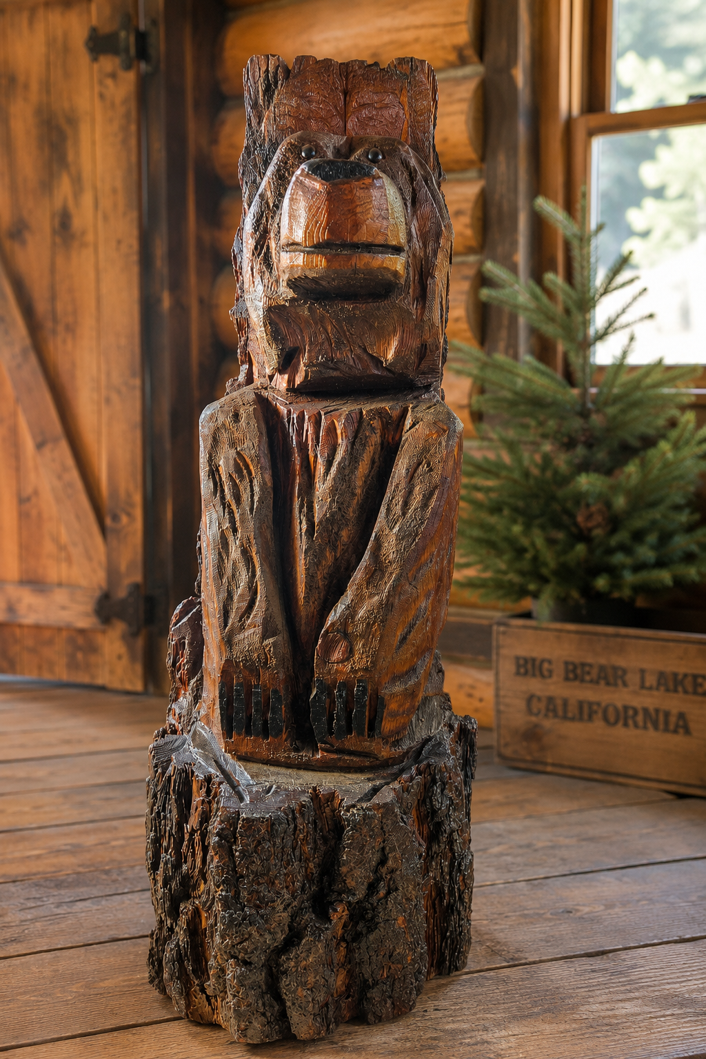 Hand Carved Rustic Wooden Black Bear Statue on Natural Log Base – 36" Tall