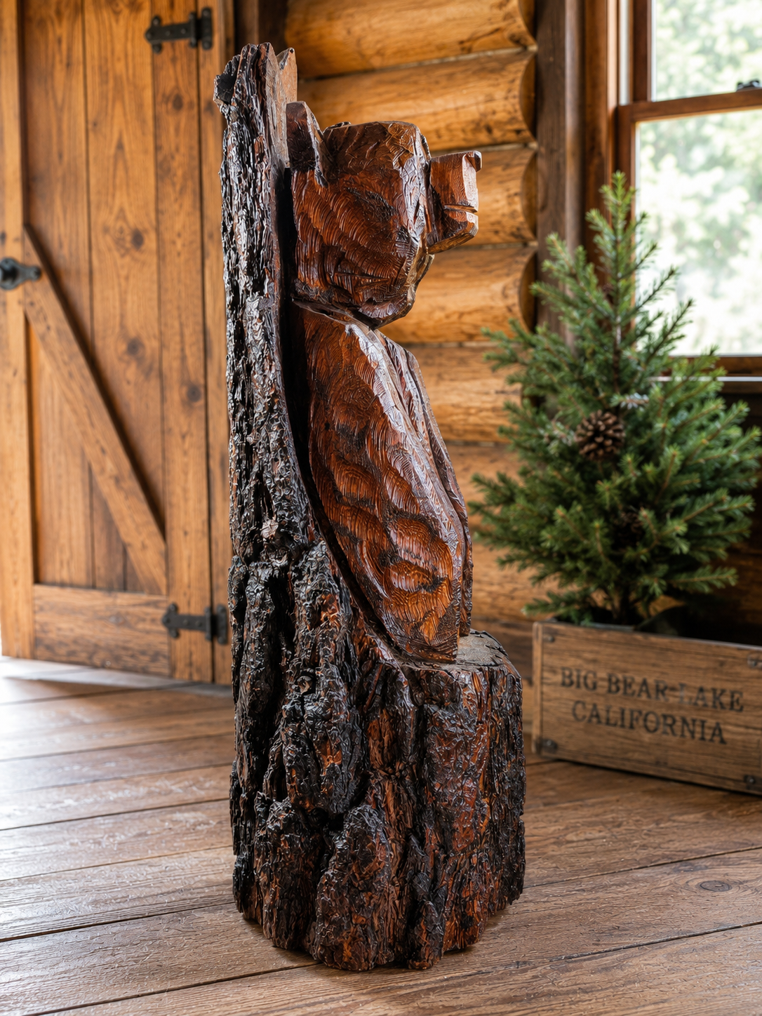 Hand Carved Rustic Wooden Black Bear Statue on Natural Log Base – 36" Tall