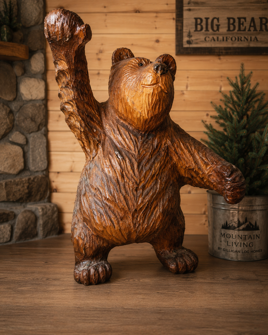 Roy Hamari Hand-Carved Wooden Bear Sculpture 25" x 24"