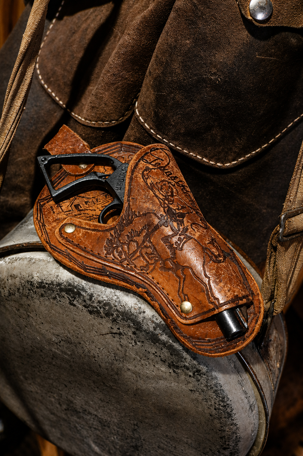 Antique Leather Youth's Gun Holster with Stamped Details
