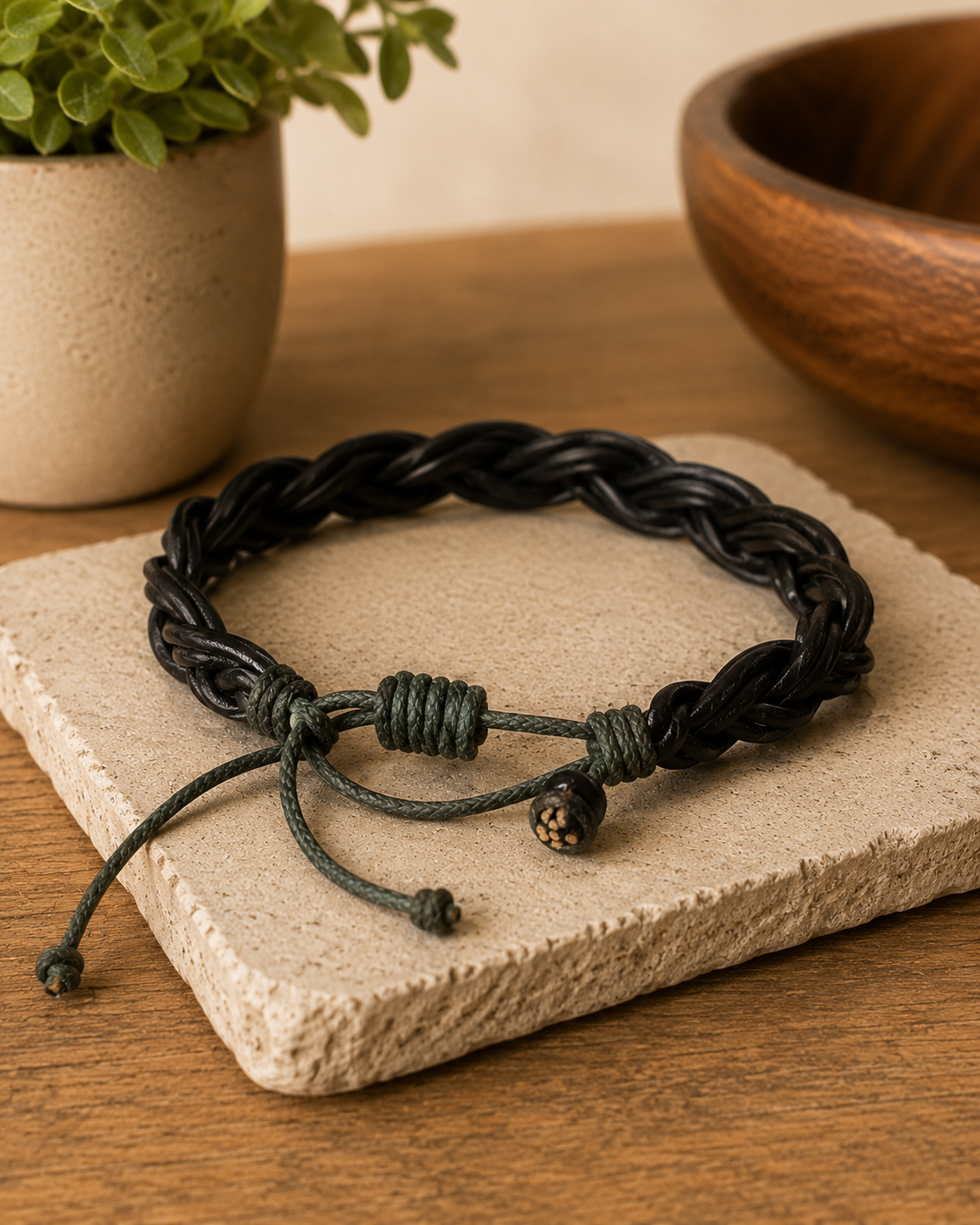 Black Leather Cord Braided Adjustable Bracelet