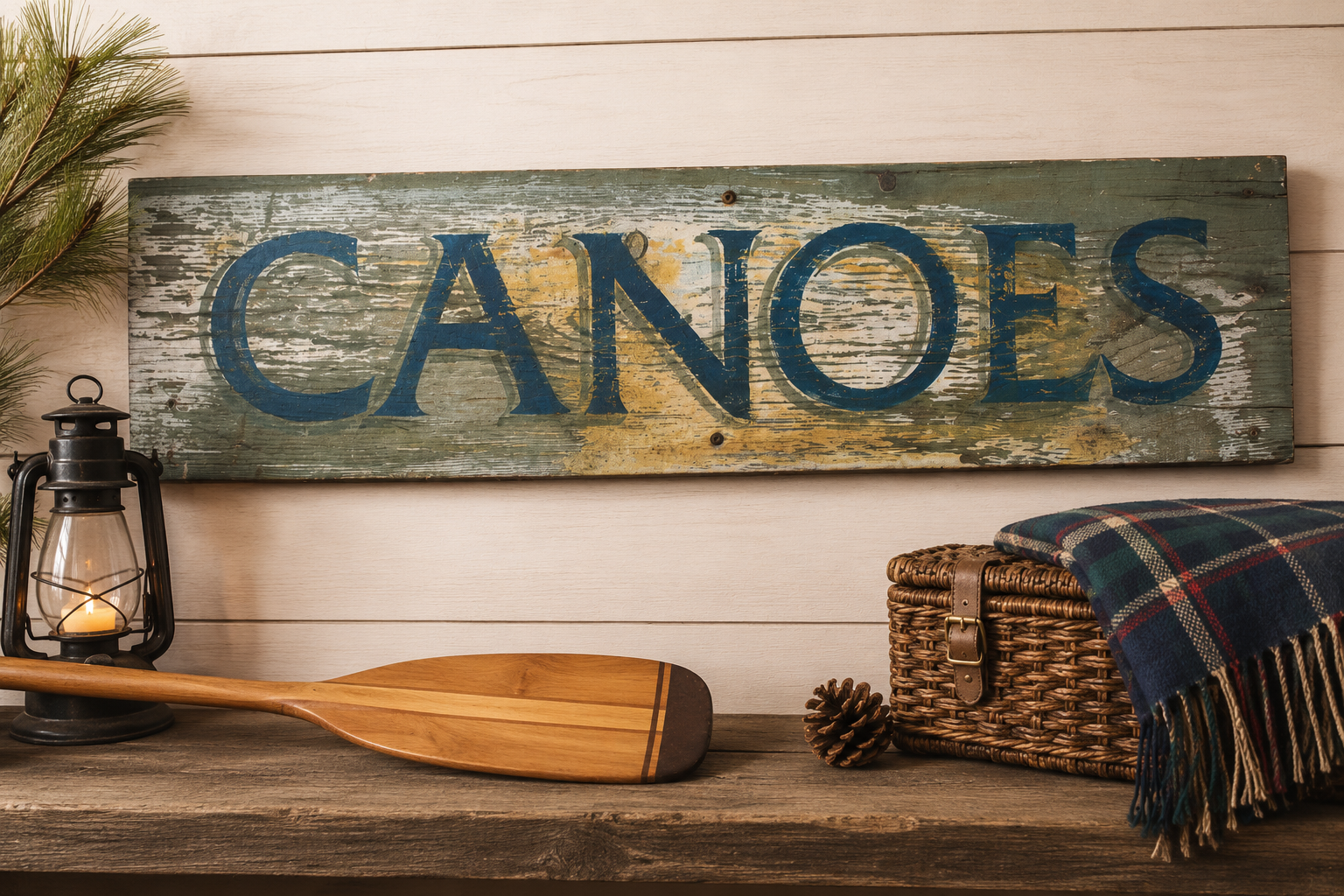 Rustic wooden CANOES wall sign with distressed green background and blue lettering, measuring 30 x 7 inches and ideal for cabin, lodge, or lake house décor.
