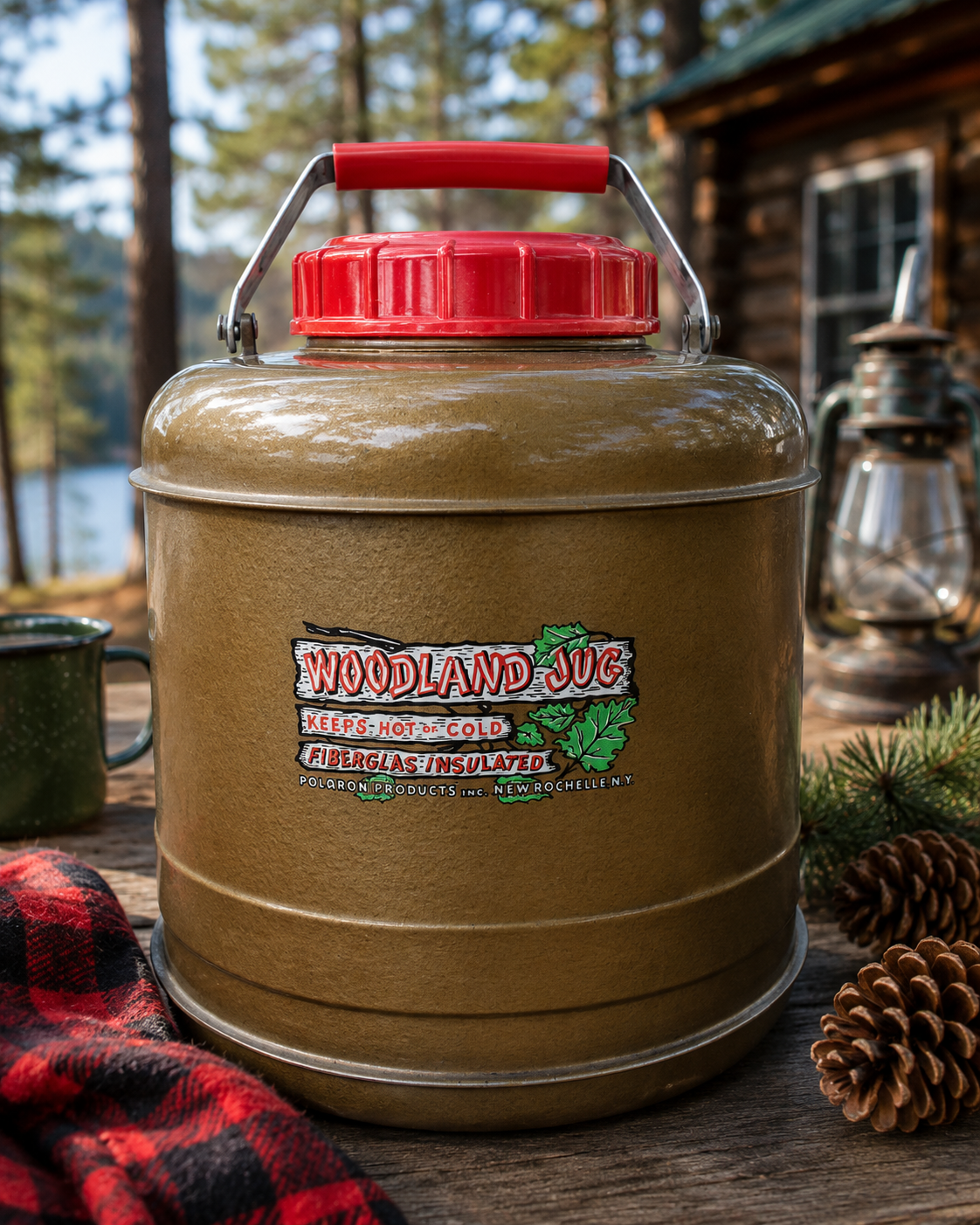Vintage Woodland Jug fiberglass insulated beverage container with original woodland graphics, red screw-on lid, and metal carry handle displayed outdoors.