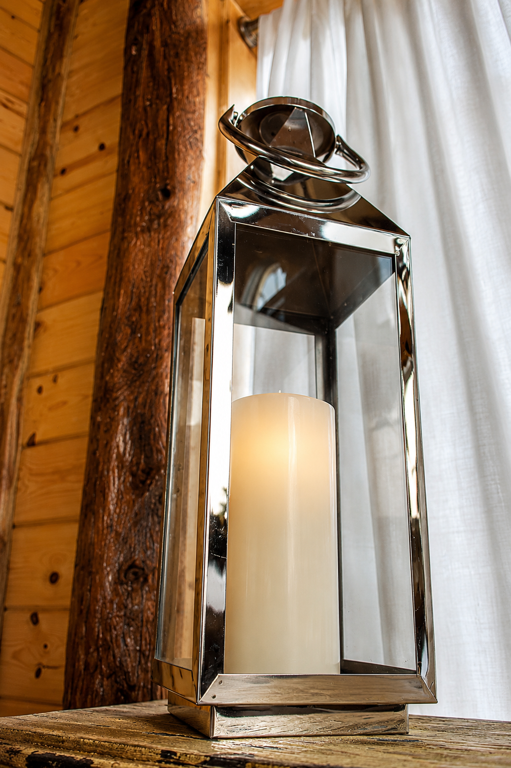 Silver Framed Glass Candle Lantern 14 Inch