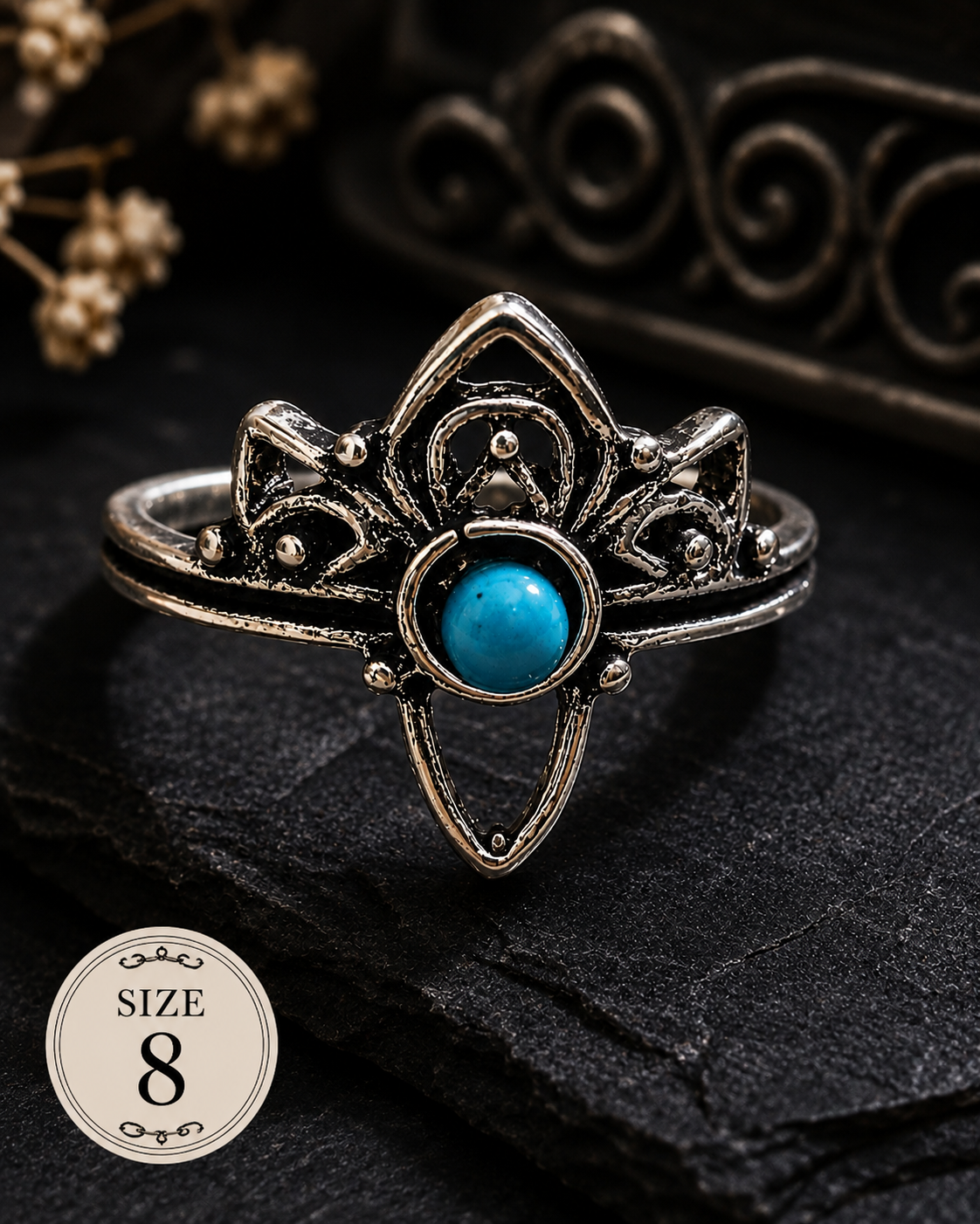Silver-plated crown-inspired ring featuring a faux turquoise centerpiece and decorative openwork detailing, size 8, with vintage and Southwestern-inspired styling.
