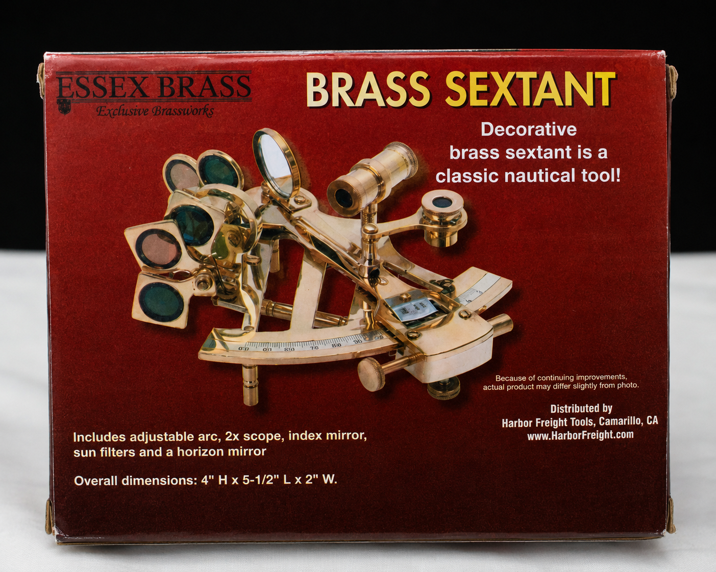 Essex Brass decorative brass sextant in original box, featuring a classic nautical navigation instrument design with brass construction and detailed maritime styling.
