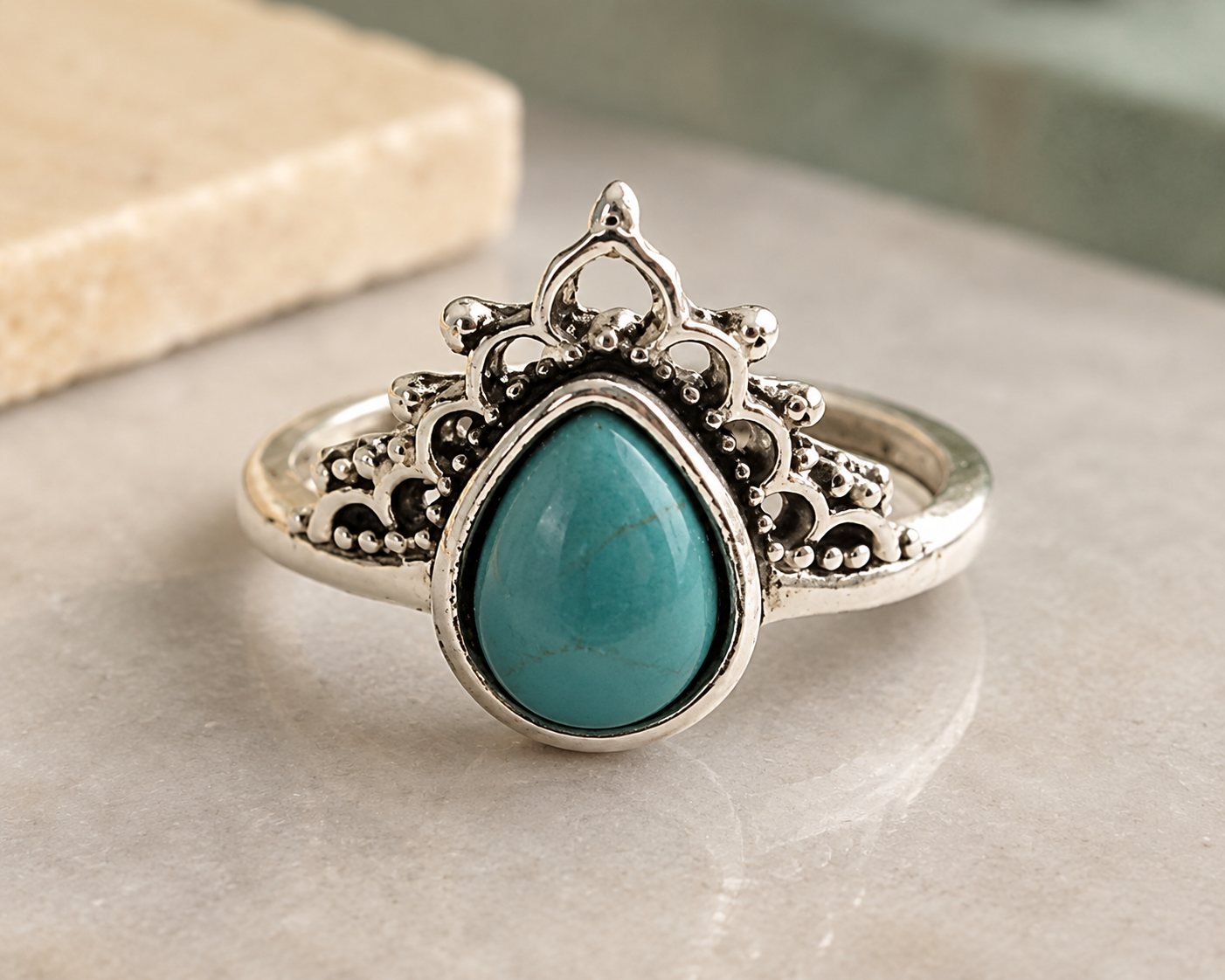 Bright Silver-Plated Faux Turquoise Teardrop Ring – Size 8.5