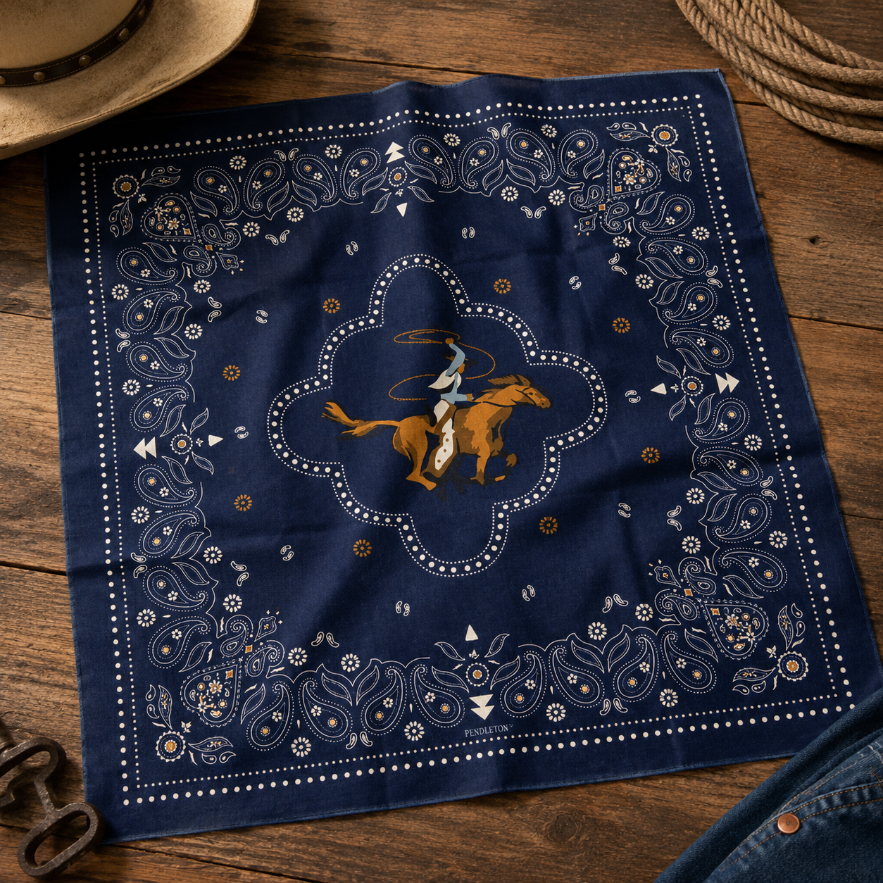 Dark blue Pendleton cowboy bandana featuring a horseback rider centerpiece surrounded by a detailed Western paisley border design, styled for ranch, rodeo, and country fashion.
