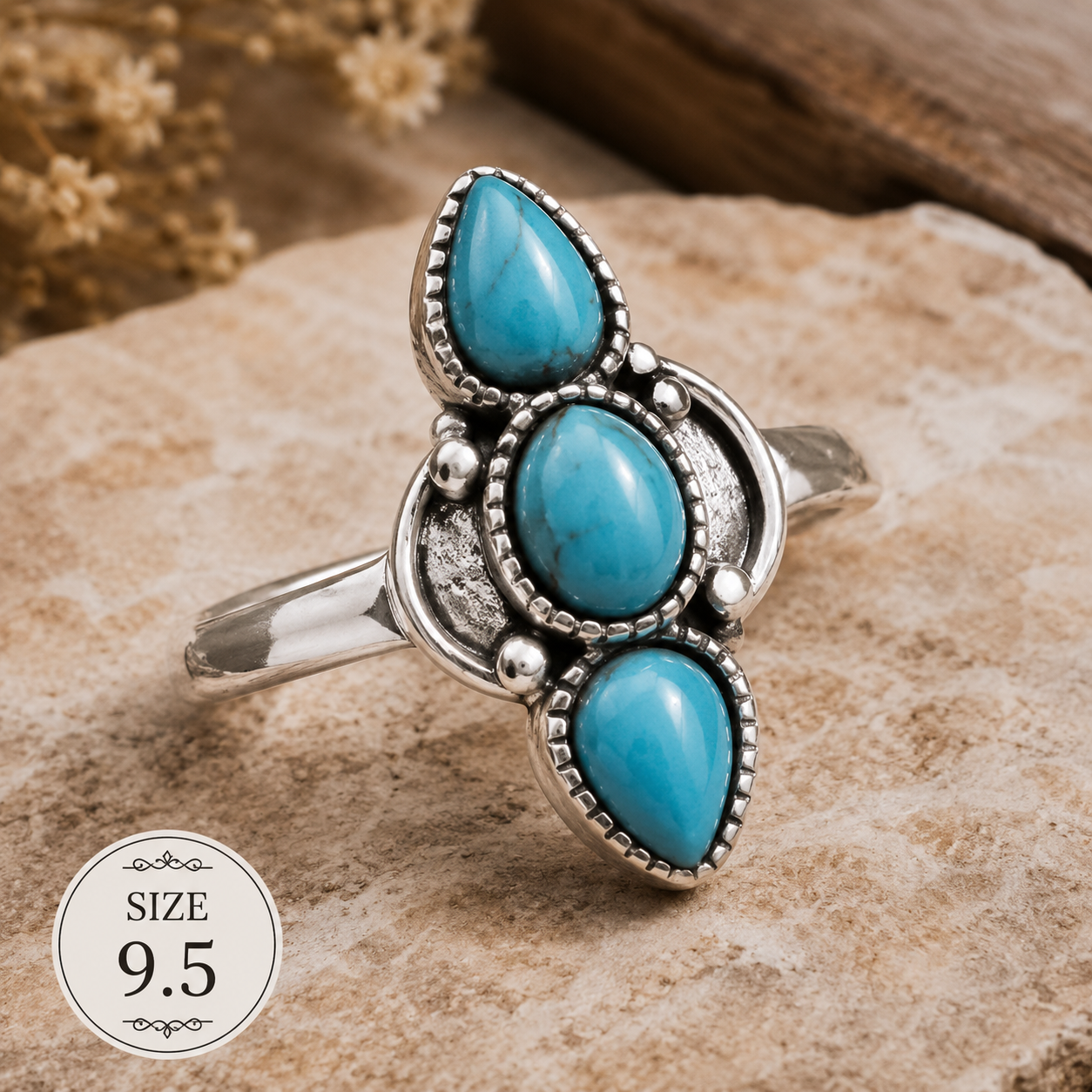 Silver-plated statement ring featuring three faux turquoise stones in a vertical arrangement with decorative beaded detailing, size 9.5, styled with Southwestern-inspired fashion elements.