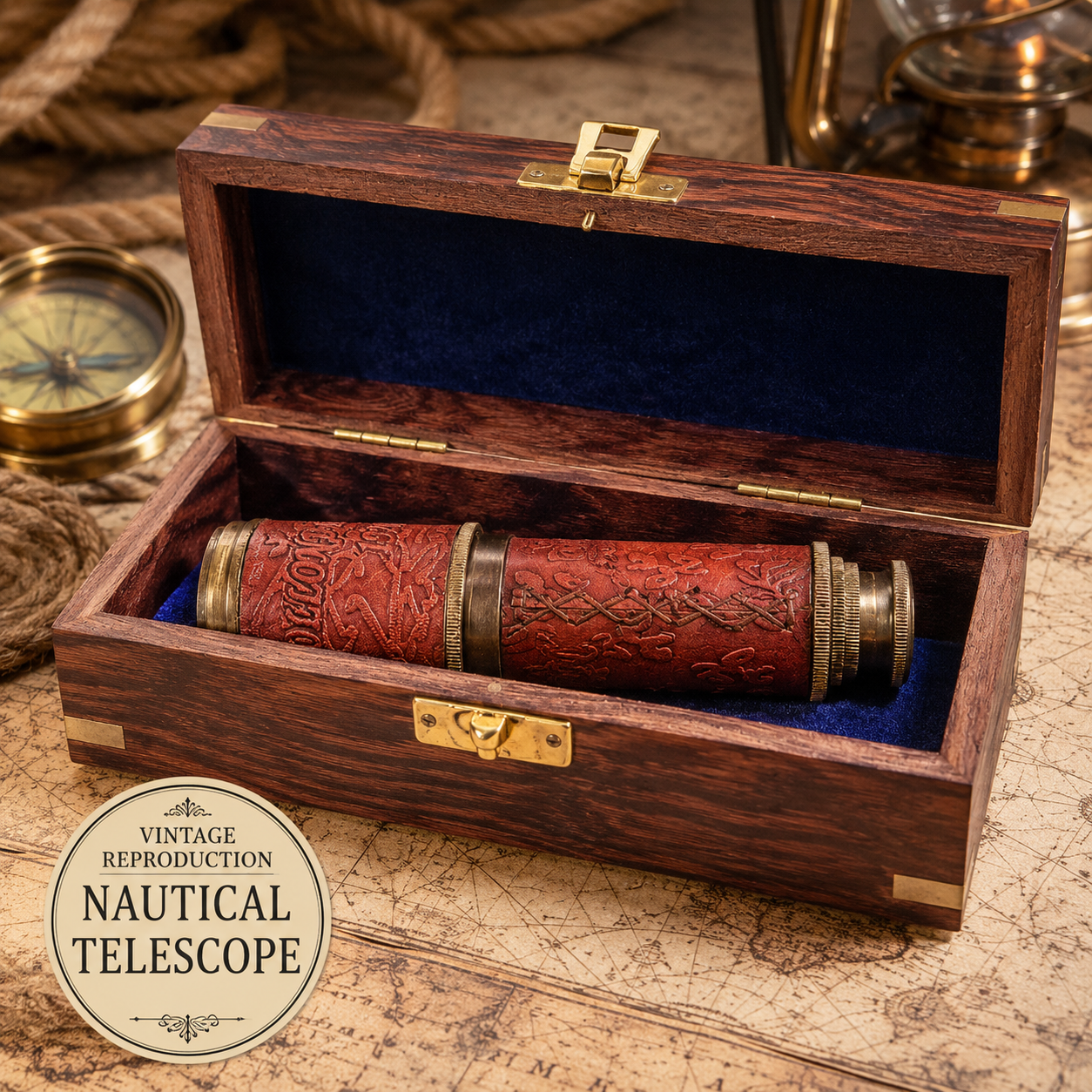 Vintage reproduction nautical telescope with embossed leather-wrapped barrel displayed alongside a wooden presentation box featuring brass-tone hardware and a velvet-lined interior.