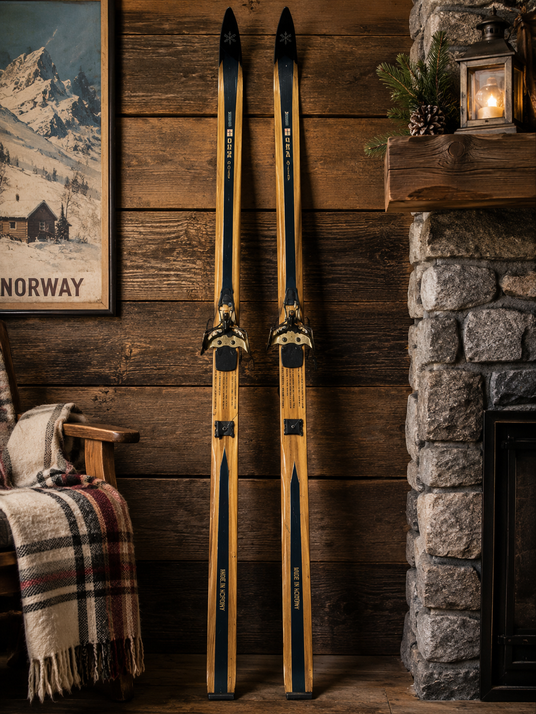 Pair of vintage Bonna 1800 wooden cross-country skis made in Norway featuring original bindings, natural wood construction, and classic Nordic ski design suitable for display or collecting.