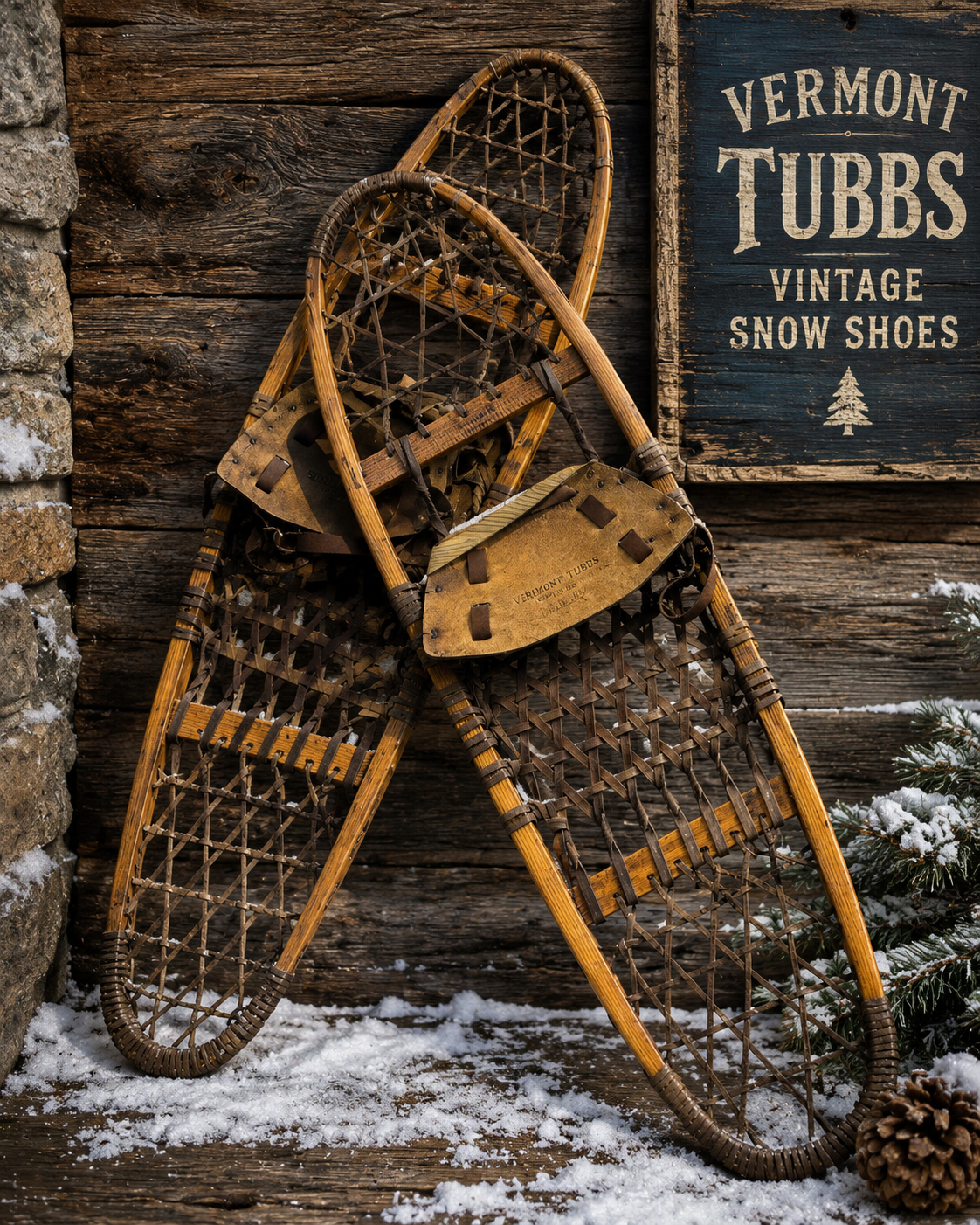 Pair of vintage Vermont Tubbs wooden snowshoes featuring traditional rawhide webbing and leather bindings, displayed as rustic cabin and lodge décor with authentic New England outdoor heritage styling.