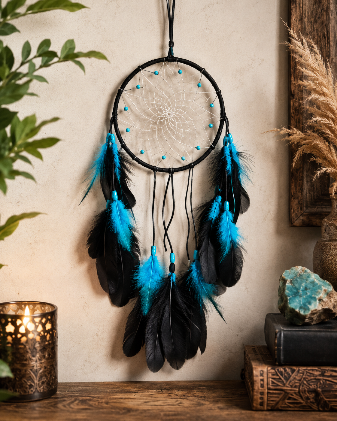 Handmade dream catcher measuring 16 inches long featuring a black hoop, intricate white woven web, turquoise bead accents, and vibrant blue and black feather tassels hanging against a rustic stone background.
