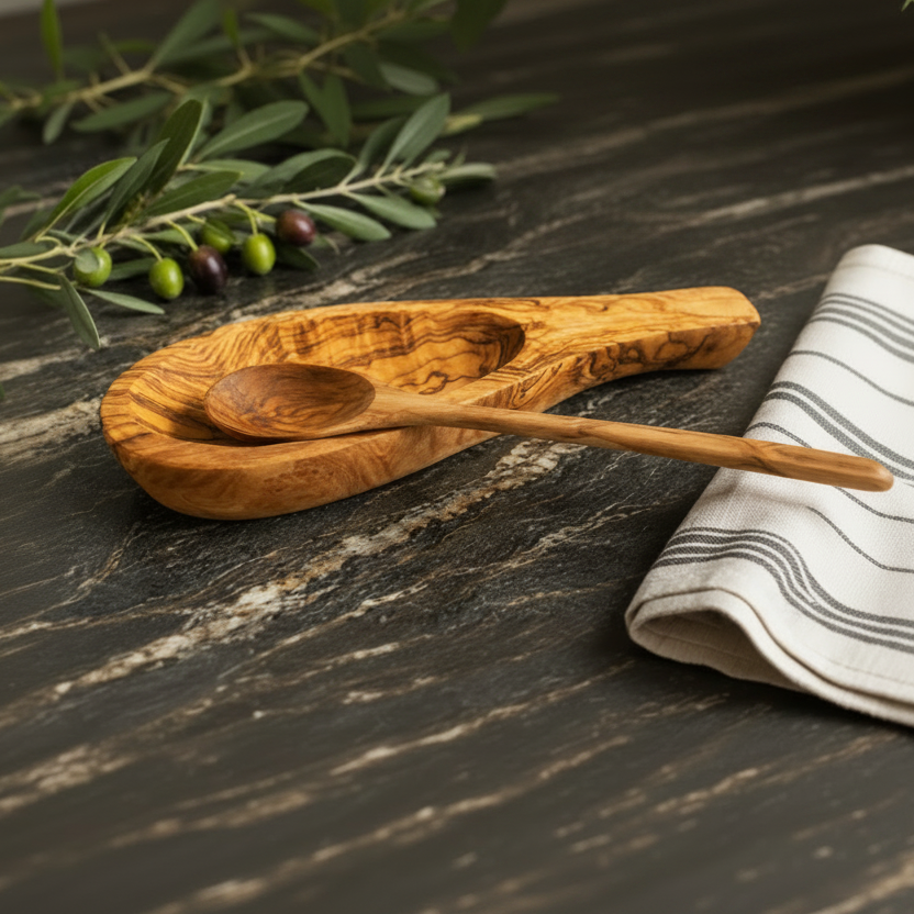 Handcrafted Olive Wood Spoon Rest Rustic Kitchen Utensil Holder 8.5" x 3.5"