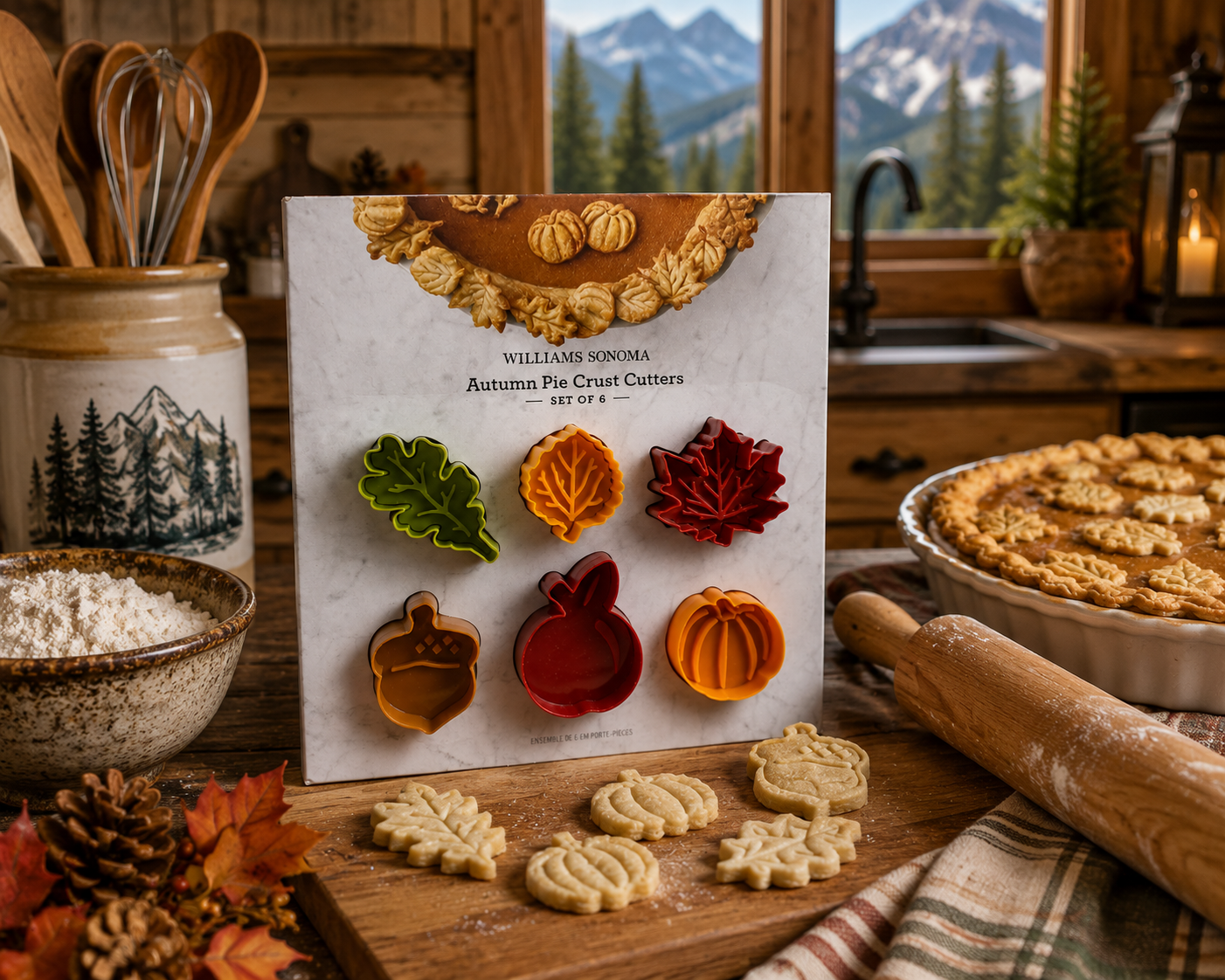 Williams Sonoma Autumn Pie Crust Cutters Set of 6 featuring pumpkin, apple, acorn, oak leaf, and maple leaf shapes for fall pie and cookie decorating.