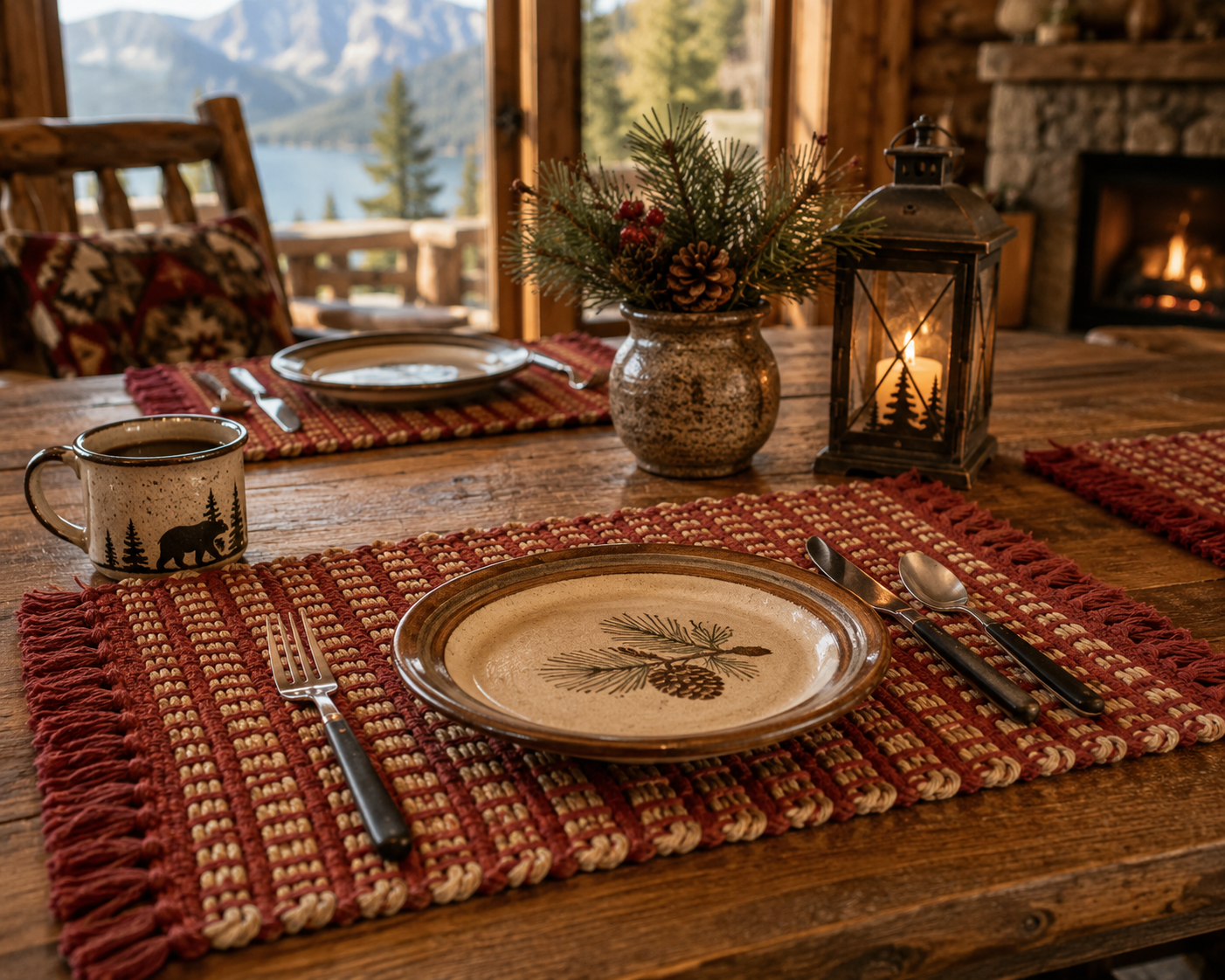 New set of seven handwoven rustic placemats featuring red and natural woven fibers with decorative fringe edges for farmhouse, cabin, and lodge-style dining tables.