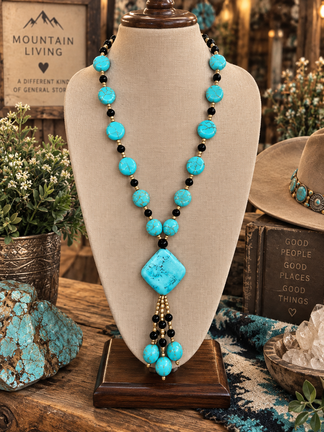 Faux Turquoise Diamond Pendant & Black Beaded Necklace
