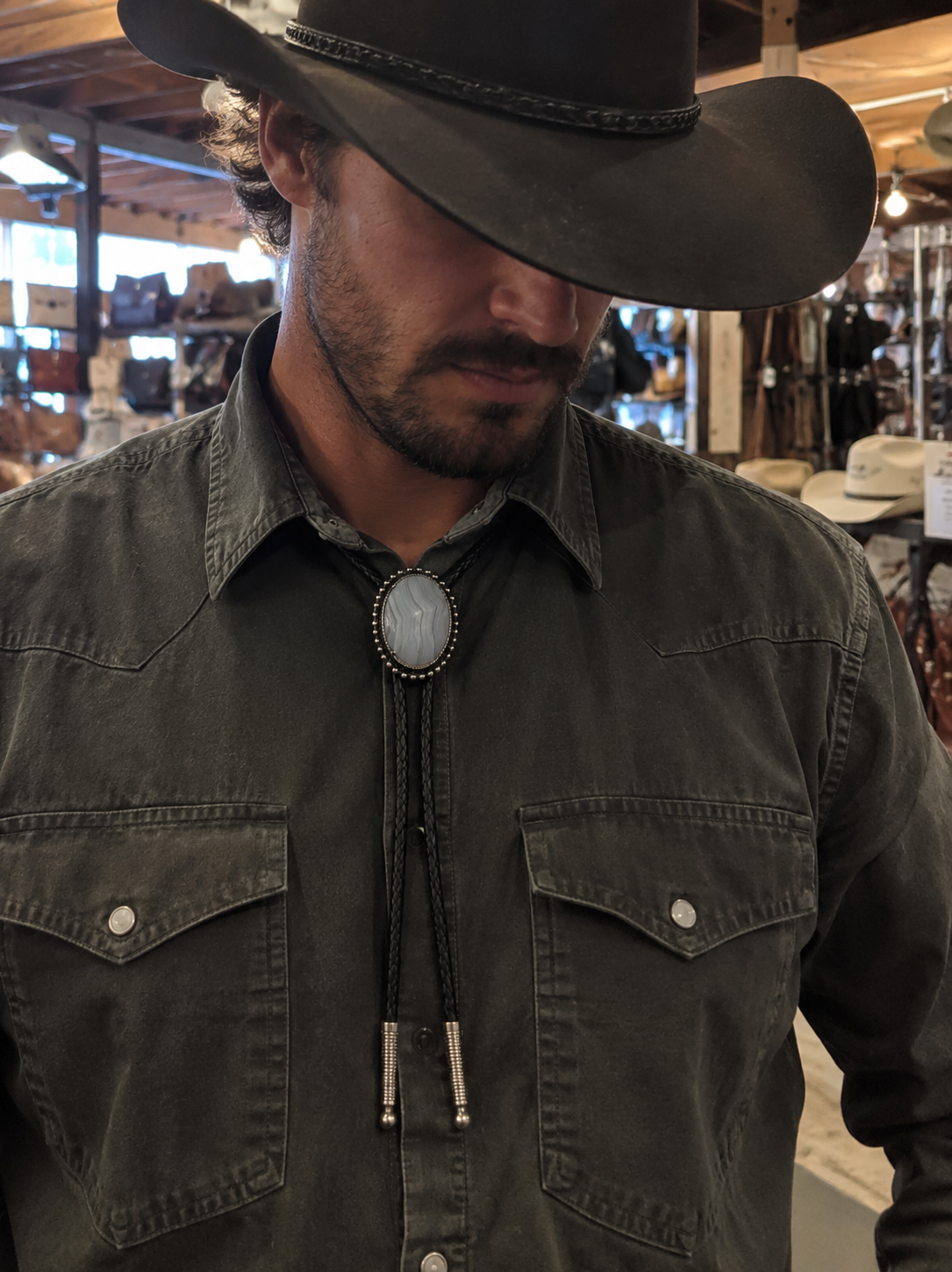 Gray Lavender Stone Bolo Tie with Silver-Tone Frame