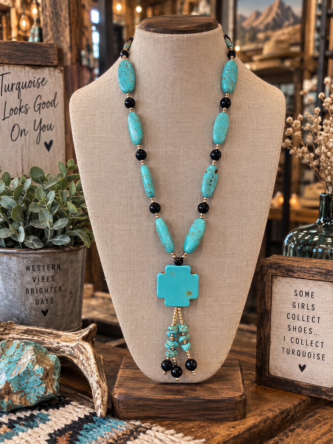 Turquoise & Black Stone Beaded Cross Pendant Necklace