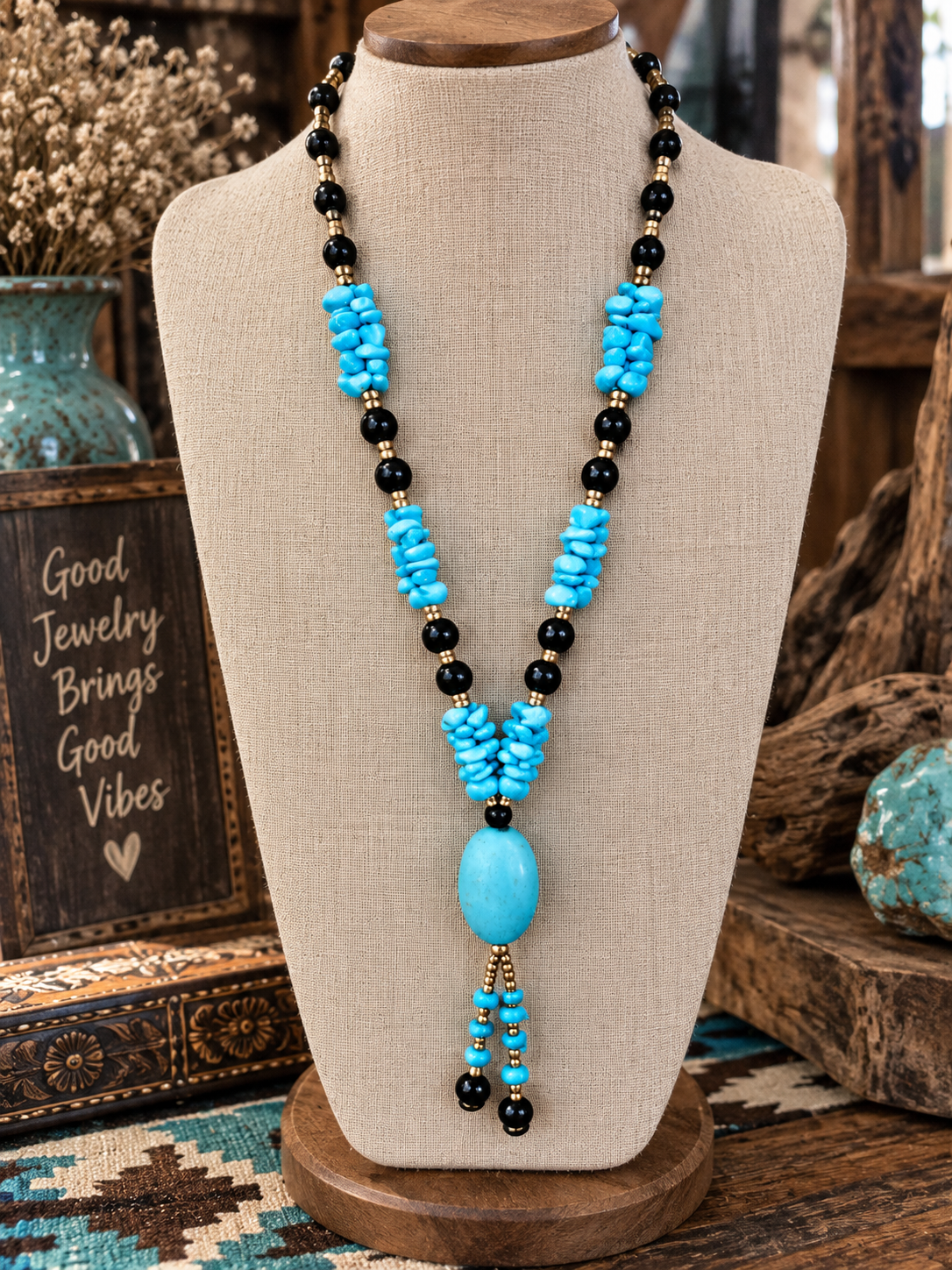 Turquoise Chip & Black Beaded Statement Necklace