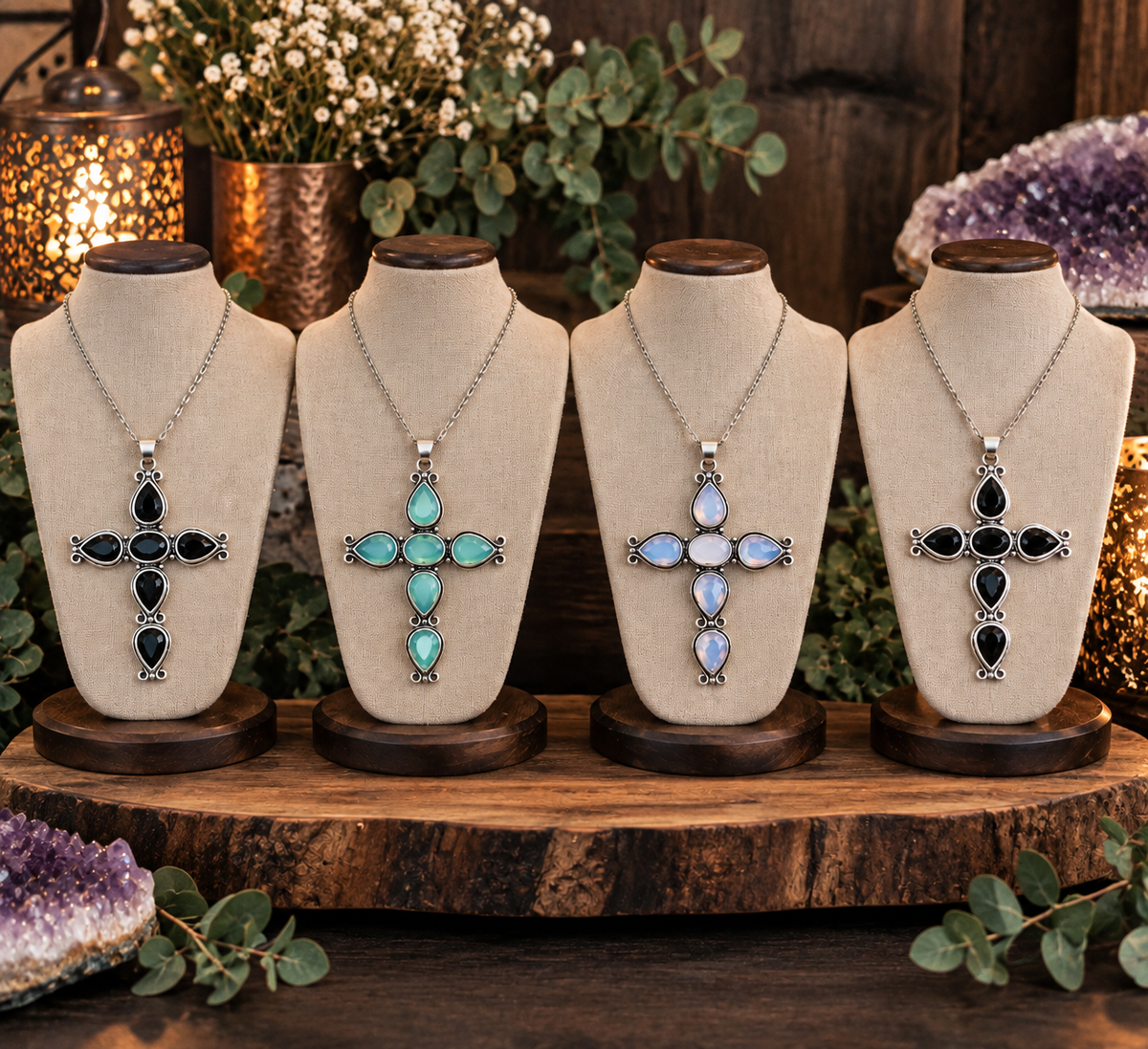 Faceted Stone Ornate Cross Pendant Necklace