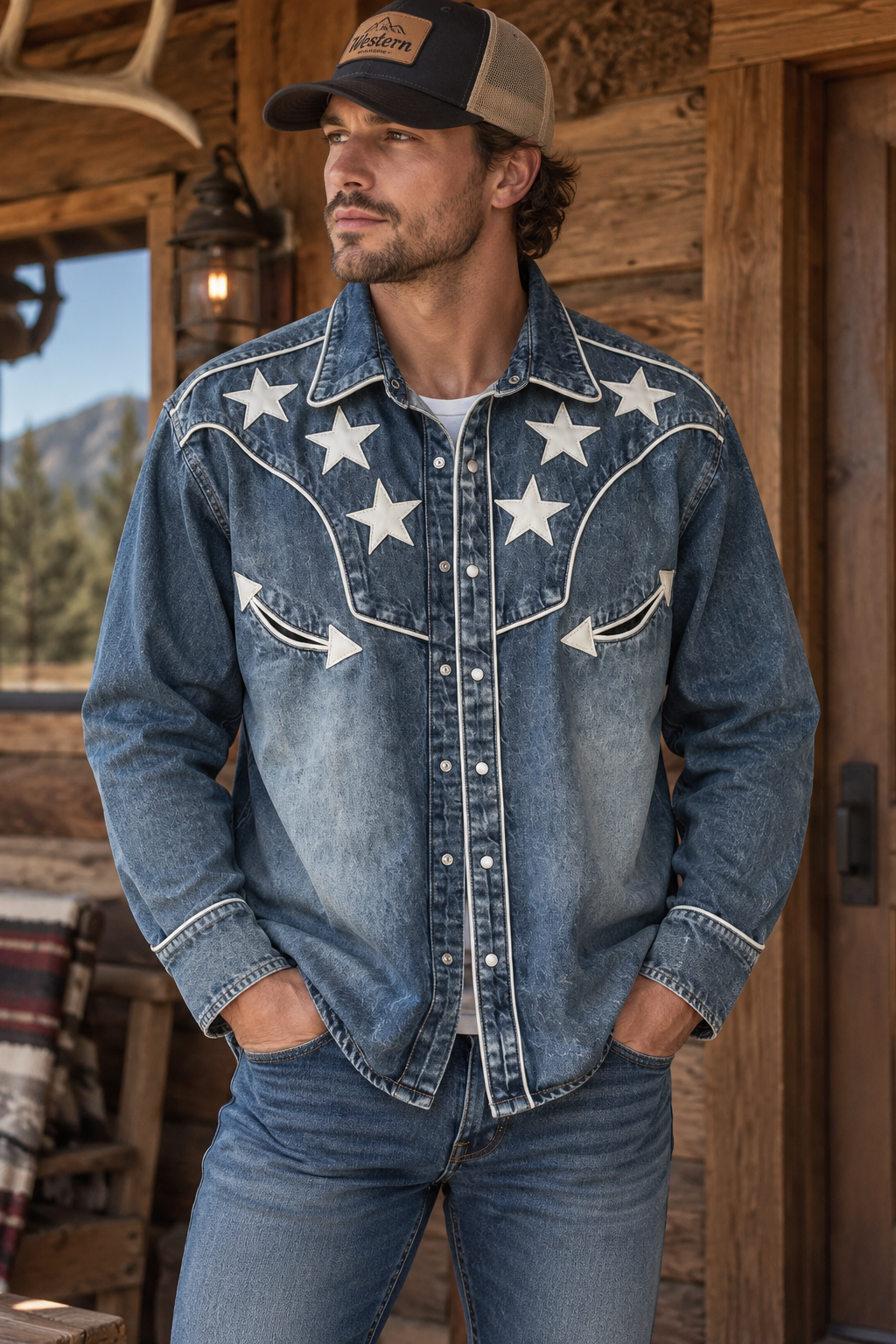 Copper Rivet Denim Western Shirt with White Stars – Size L