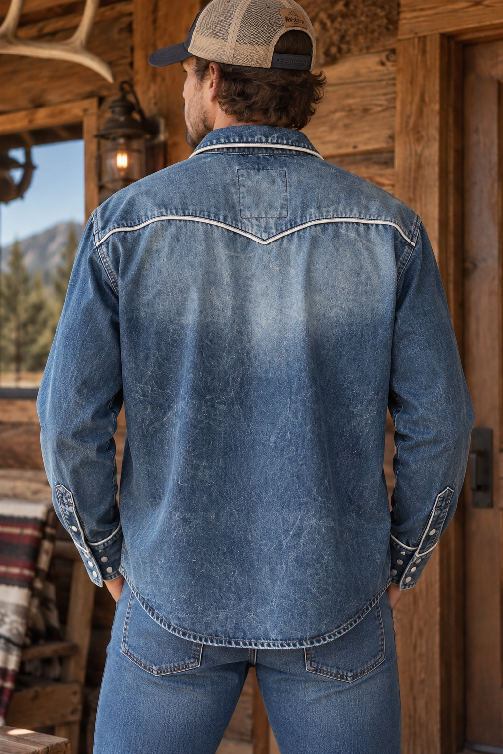 Copper Rivet Denim Western Shirt with White Stars – Size L