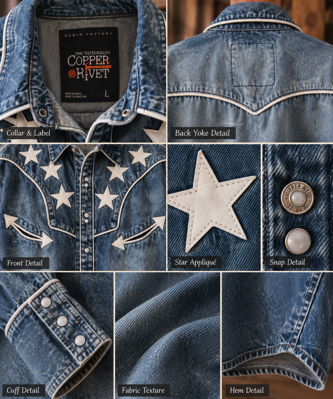 Copper Rivet Denim Western Shirt with White Stars – Size L