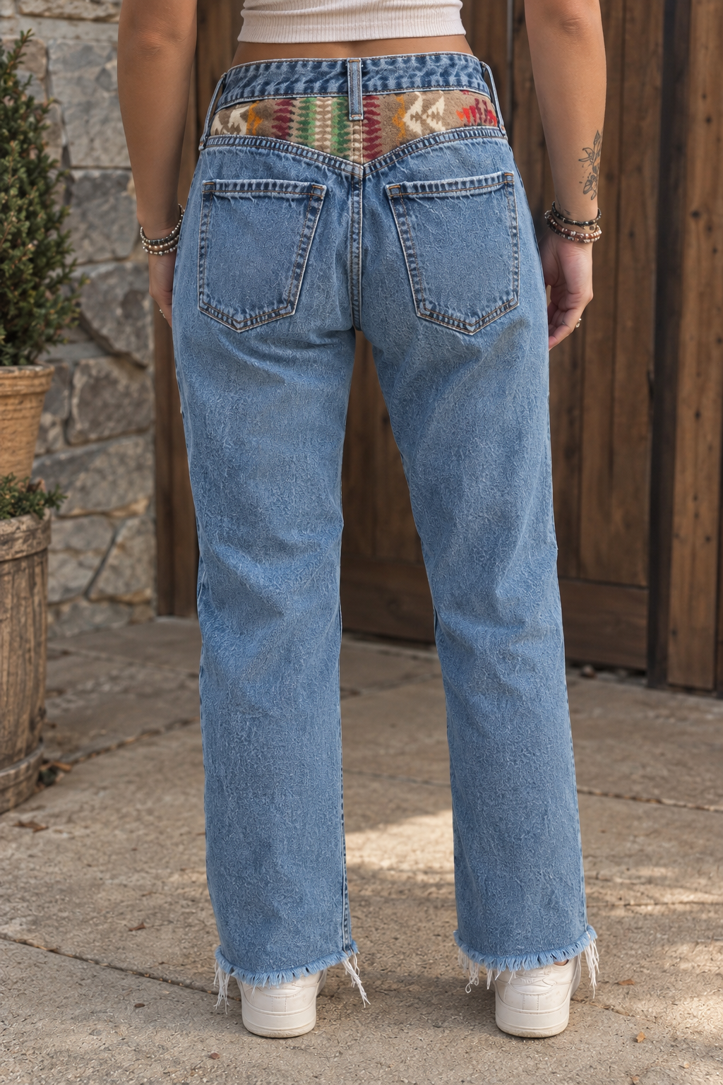 Vintage High Rise Slouchy Straight Jeans with Custom Pendleton Inlay – Women's Size 2