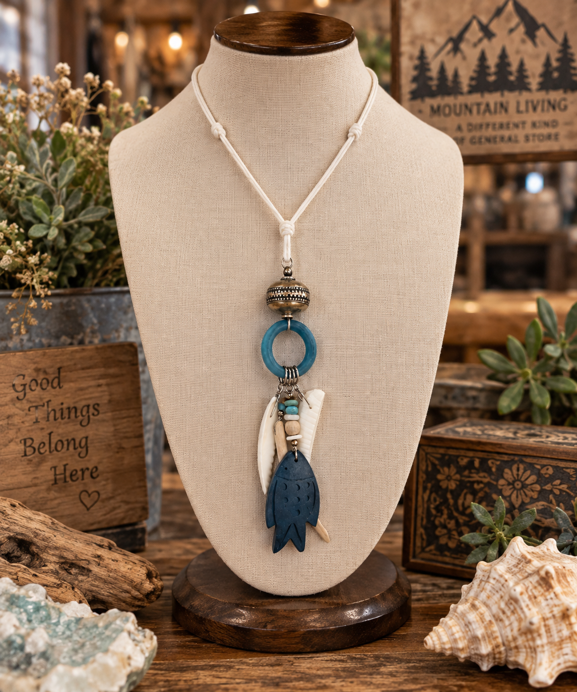Blue Fish & Shell Pendant Cord Necklace