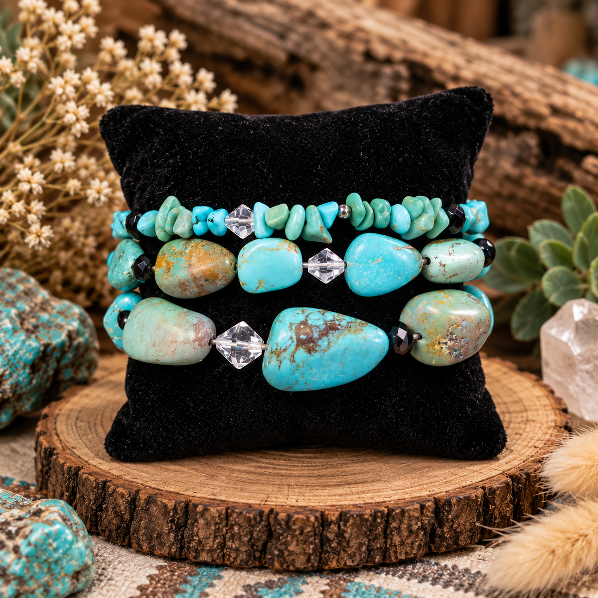 Southwestern Turquoise & Stone Bracelet Set – 3 Piece
