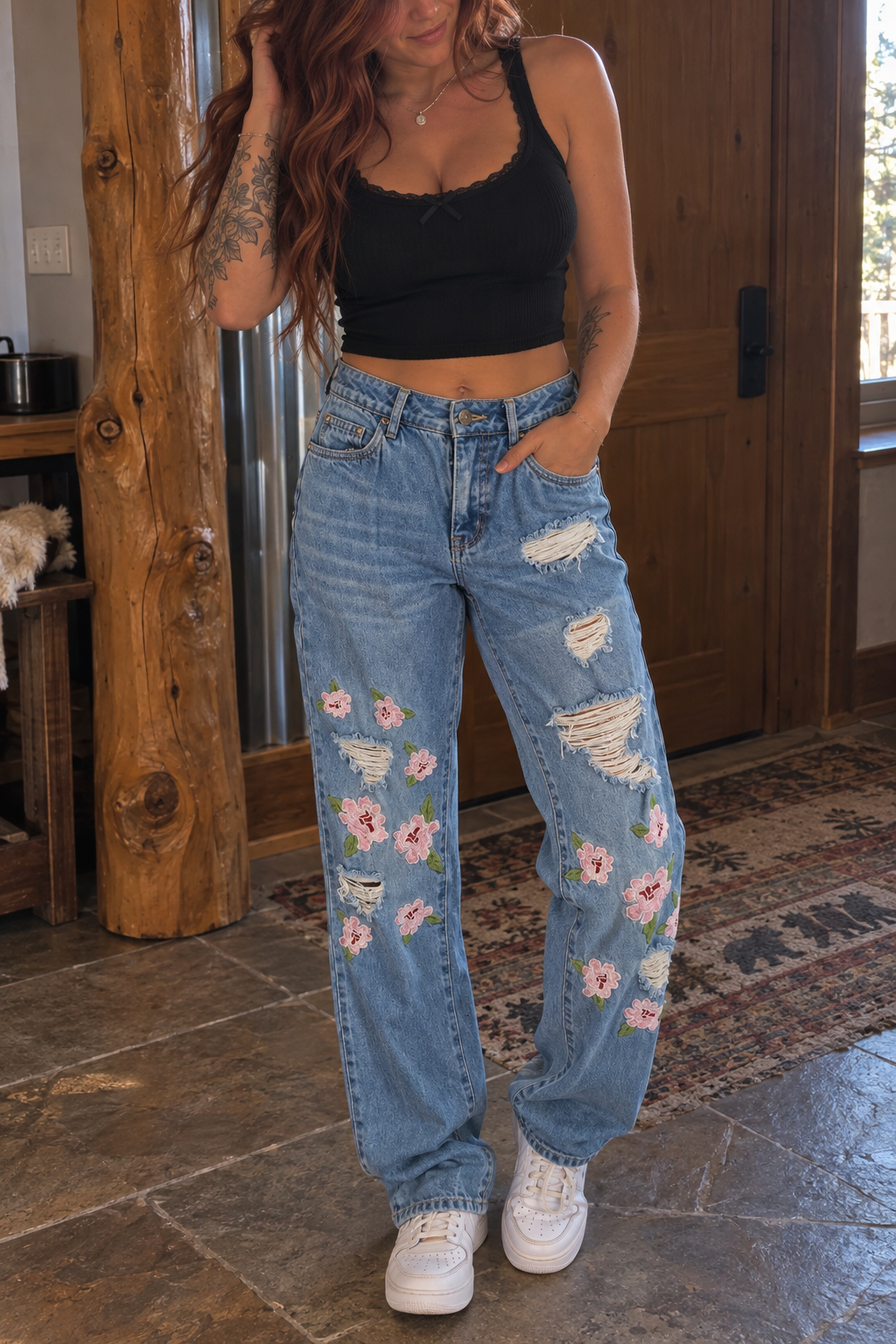 VENUS Distressed Floral Embroidered Jeans Size 2