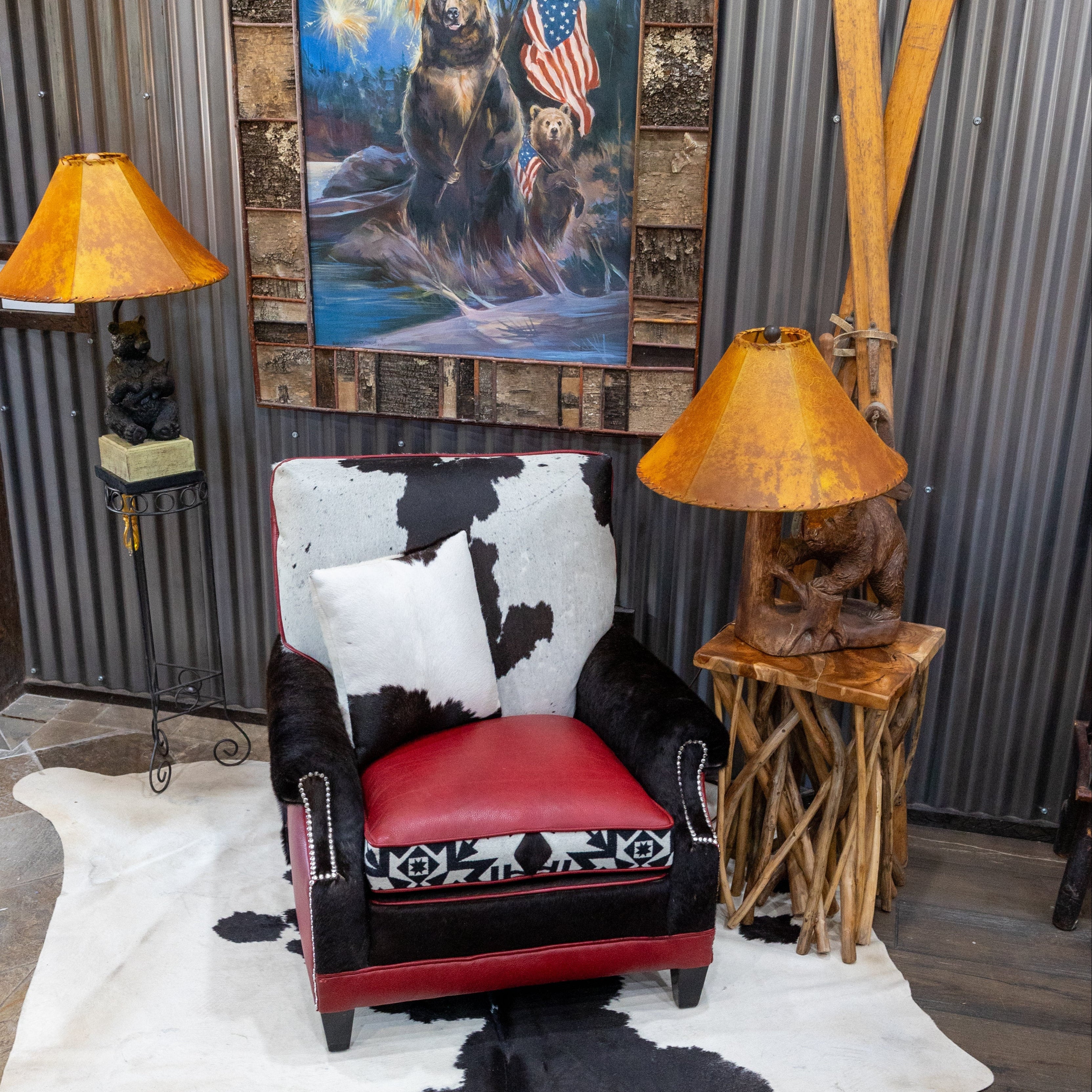 Newly Restyled Antique Chair with Pendleton Accent Fabric 1930's-1940s Burgundy Red Leather Southwestern Style Chair with Black White Cowhide and Solid Hardwood Frame