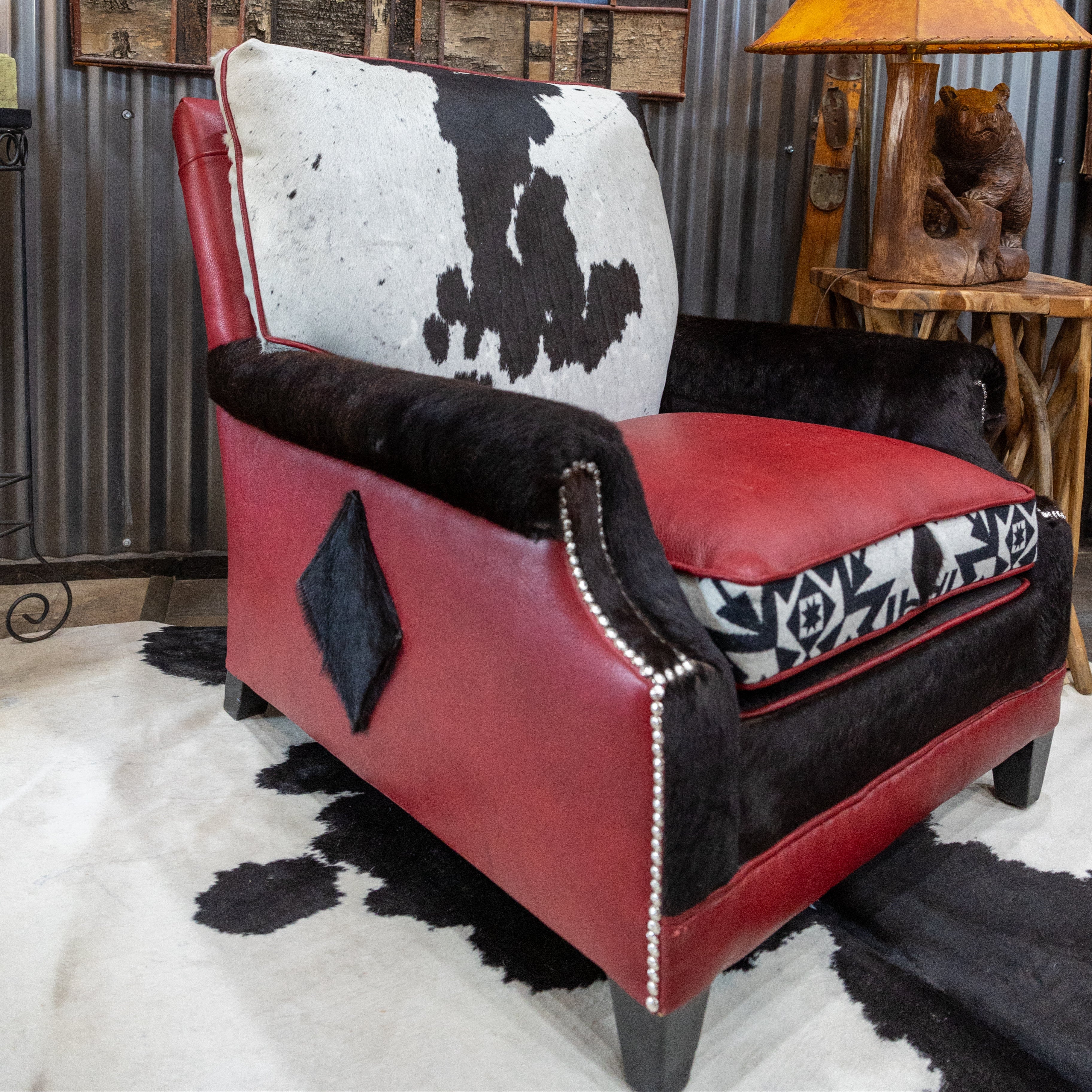 Newly Restyled Antique Chair with Pendleton Accent Fabric 1930's-1940s Burgundy Red Leather Southwestern Style Chair with Black White Cowhide and Solid Hardwood Frame