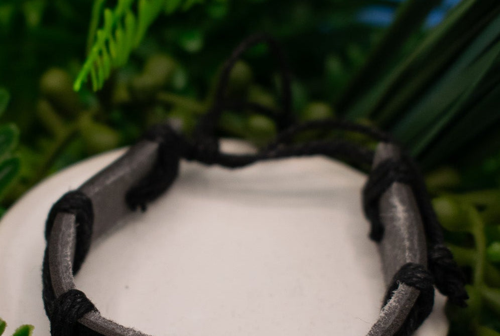 Black Leather and Jute Cord with Aluminum Motorcycle Charm Adjustable Bracelet