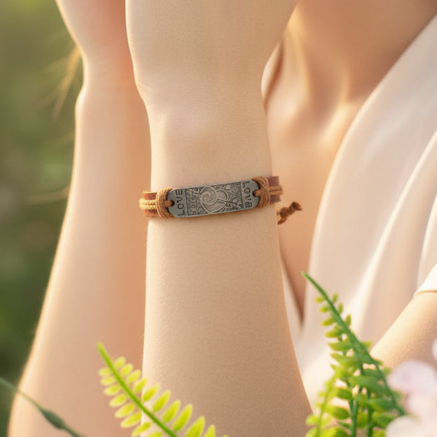 Brown Leather and Jute Cord Love Charm Adjustable Bracelet