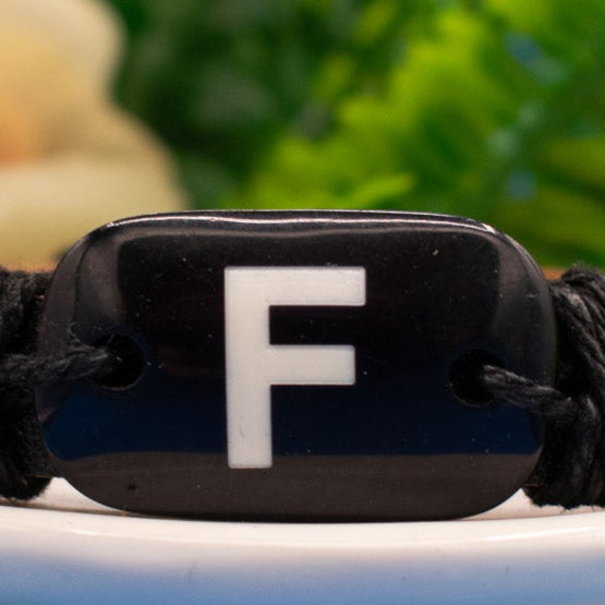 Black Leather Adjustable Bracelet with Resin Letter "F" Charm