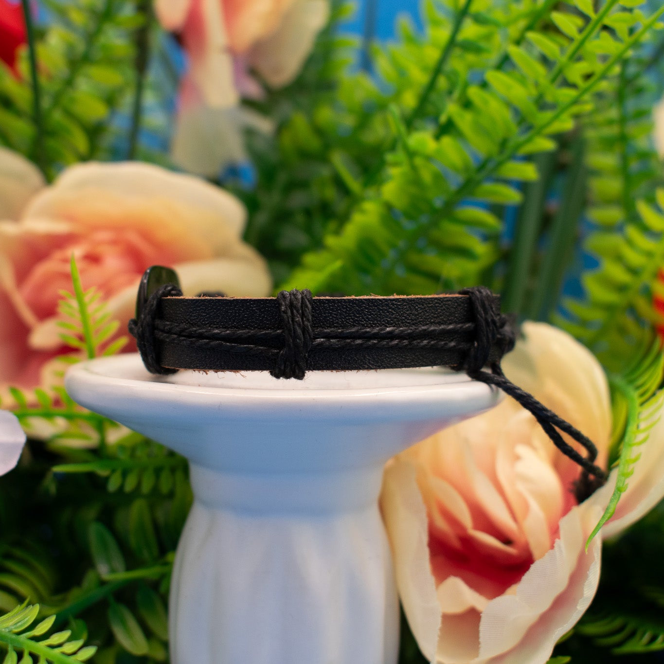 Black Leather Bracelet with a Resin "C" Charm Adjustable Bracelet