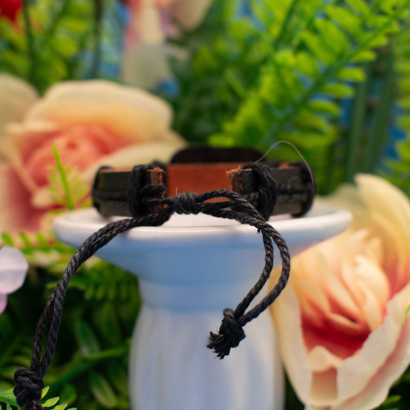 Black Leather Adjustable Bracelet with Resin Letter "M" Charm