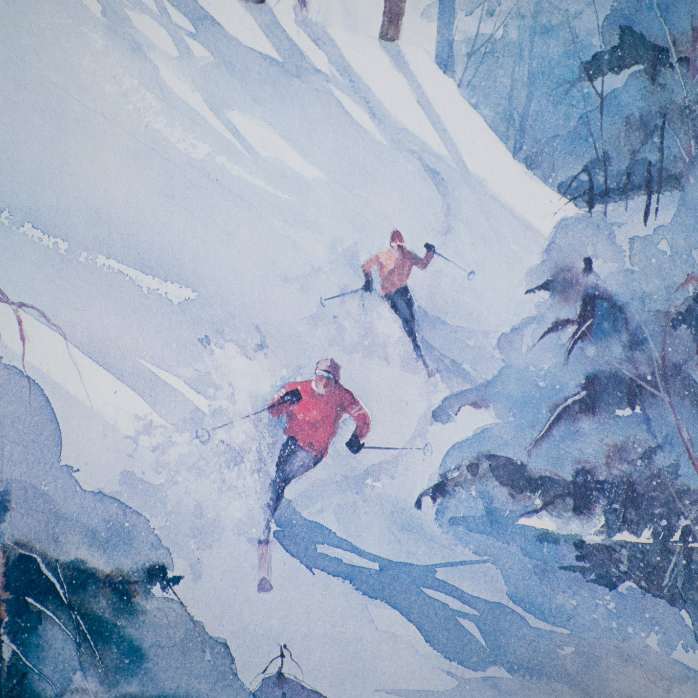 Large Framed Artwork Featuring 3 Skier Signed by Jane Carlson