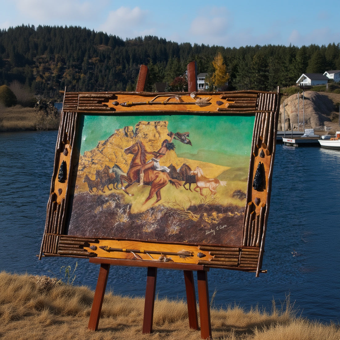 large framed western artwork titled War Indian on Bareback by Shirley C Capra featuring Native American rider on horseback in handcrafted rustic frame with arrowheads antlers and natural wood accents