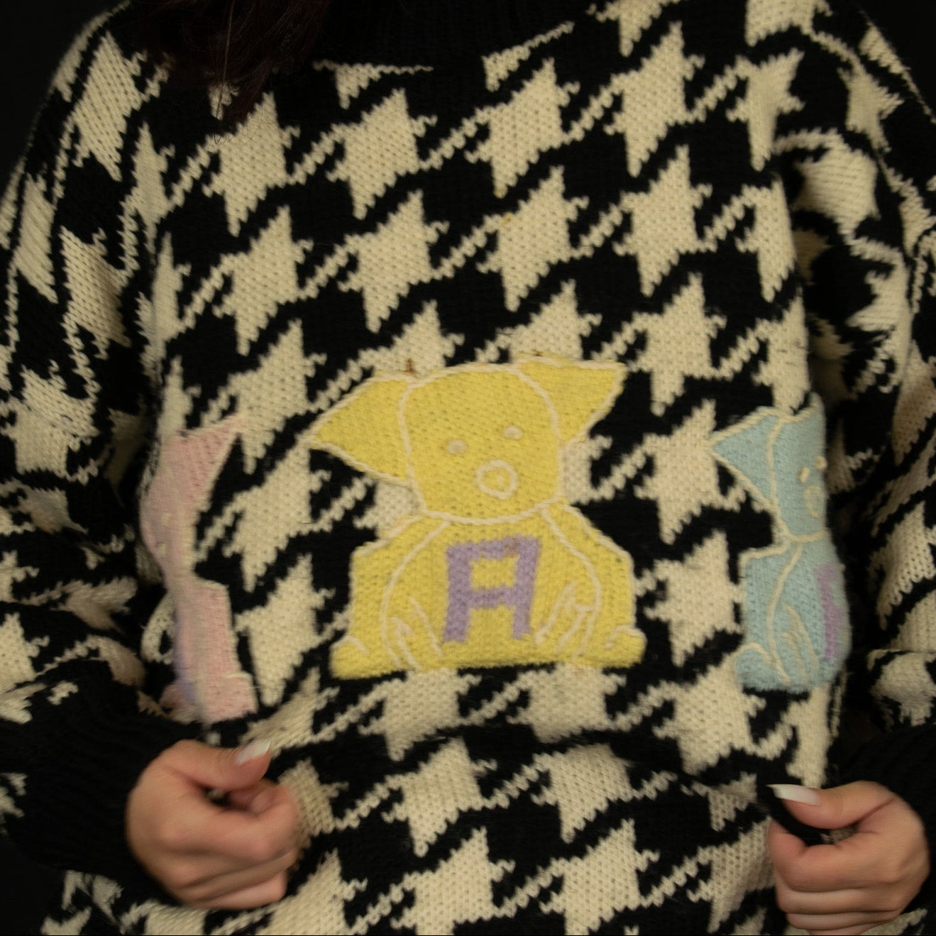 Naf Naf Tricote Black & White Sweater with 3 Different Colored Piggies Spelling N-A-F on Their Tummies