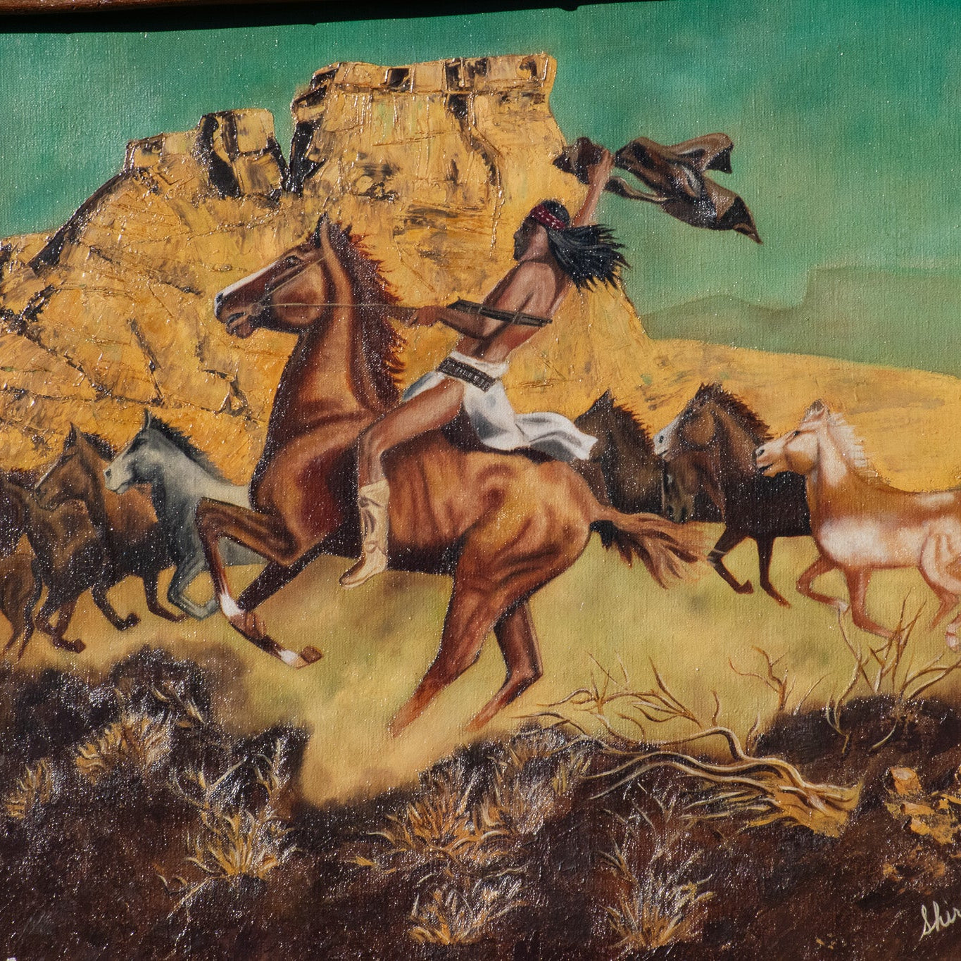 “War Indian on Bareback” by Shirley C. Capra in Custom Rustic Western Frame by Richard Dirk
